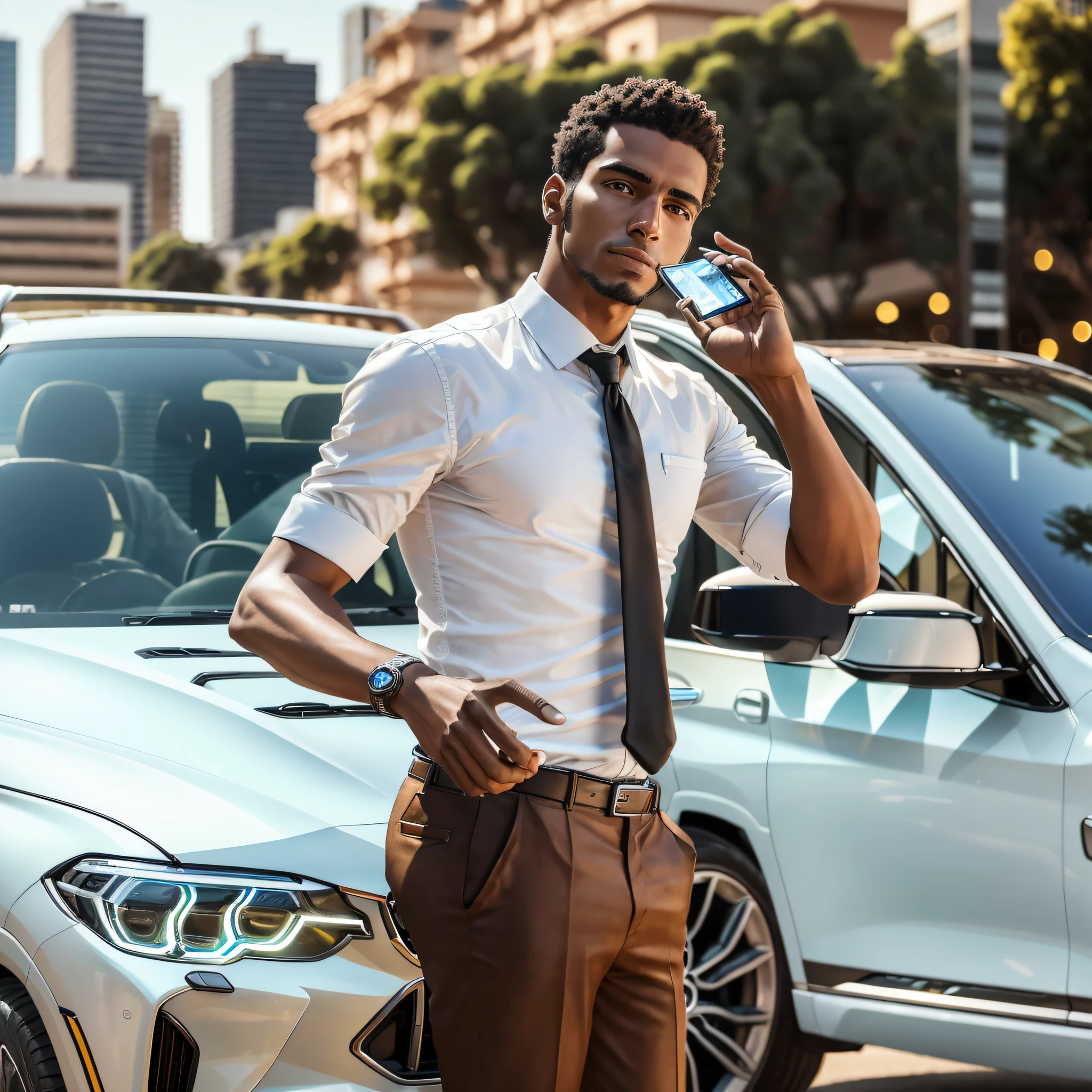 (8k, RAW photo, best quality, masterpiece: 1.2) 25-year-old young man, brown, Brazilian, in the city of SÃO PAULO, businessman, realistic, with money in hand and a cell phone, in front of a BMW x7 year 2023 --auto --s2