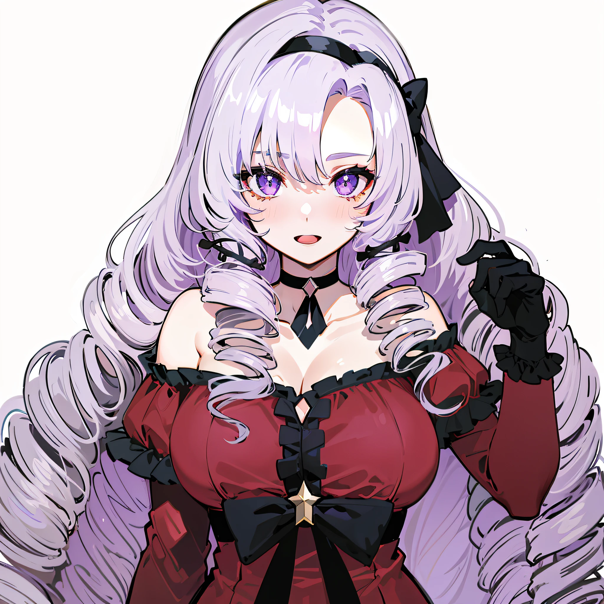 solo, long hair, breasts, (((drill hair))), ((twin drills)), gloves, dress, purple eyes, star in the eye, garter straps, red dress, large breasts, hairband, looking at viewer, smile, white background, purple hair, cleavage, bangs, black gloves, chest tattoo, ribbon, bare shoulders, blush, simple background, open mouth, purple hair ribbon on the right side head, hand on hip, light purple hair, long sleeves, detached sleeves, off-shoulder dress, claw ring, black hairband, off shoulder, :d, collarbone, parted bangs, masterpiece, best quality, photorealistic, 3D, shiny_skin, shiny_hair, dynamic angle, beautiful detailed glow, HDR, Rembrandt lighting, colorful refraction, lens flare, bloom, film Reflection, chromatic aberration, light diffusion, public indecency, cowboy shot, deep meaning, physically-based rendering, bright, vibrant, intricate,