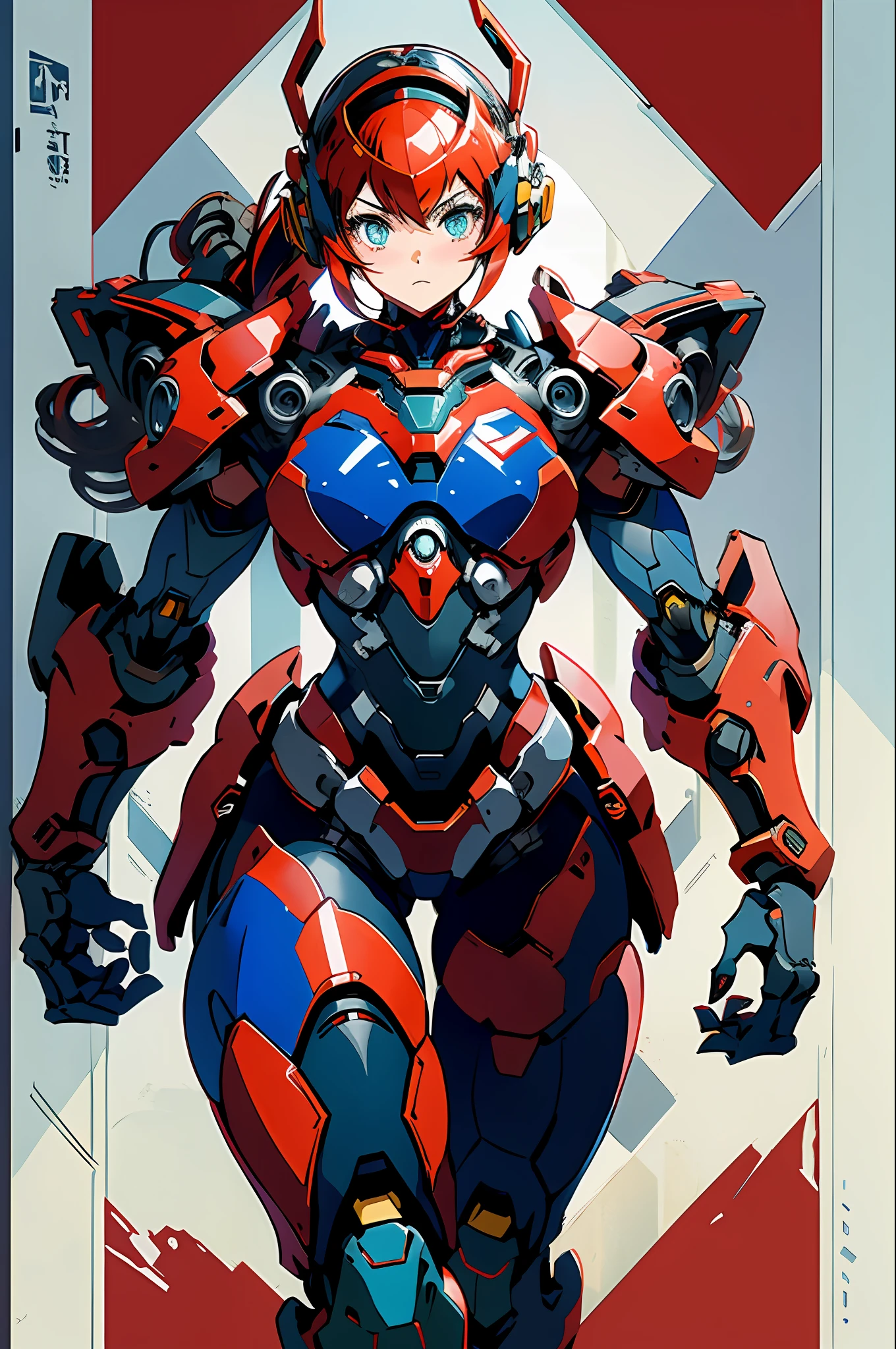 1 girl in mecha suit, ((red)), (blue), concept art of running ink art on the battlefield, flat color, high contrast, fashion absurdity, best quality, negative space,