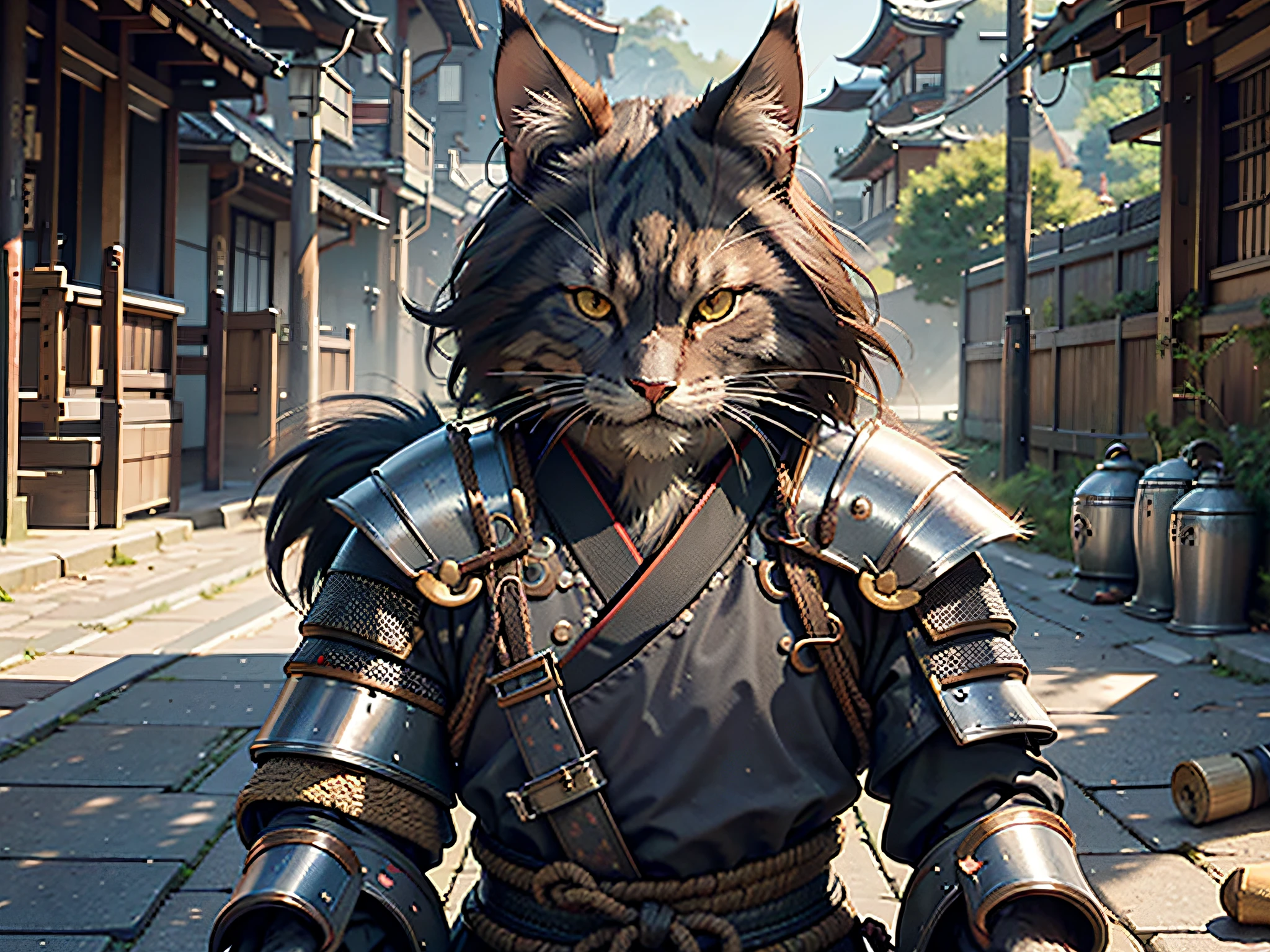 c4ttitude, samurai, watchful, almond-shaped eyes, furrowed brow, sleek fur, warrior, disciplined, focused, armored kimono, guarded coverage, steel, clawed paws, katana, feudal Japan, street, honor, duel, confrontation scene,
