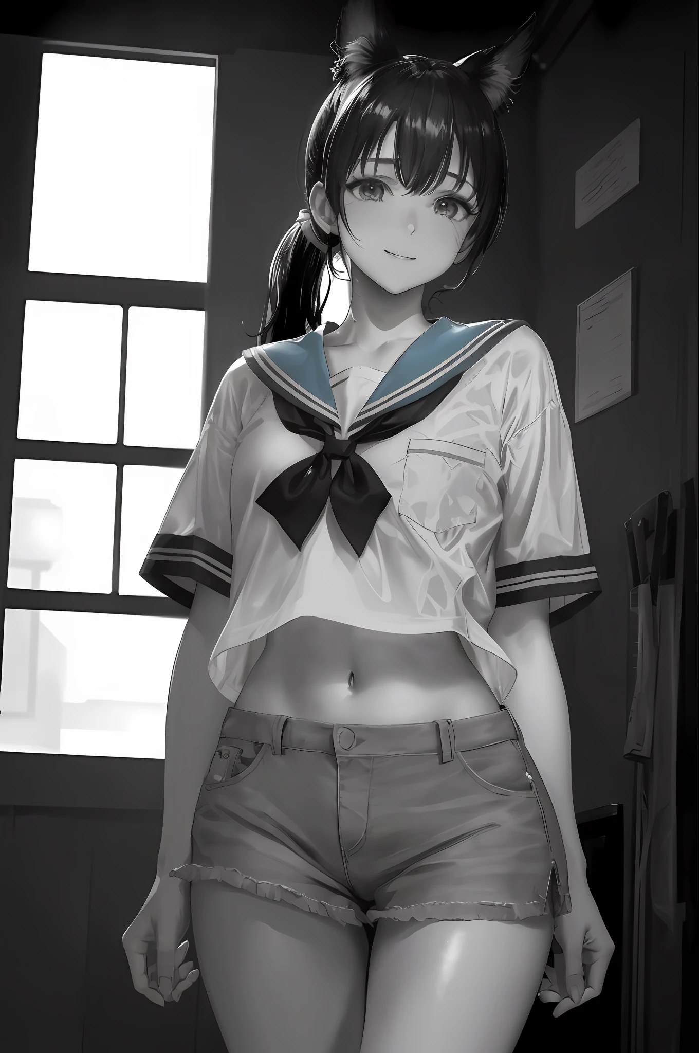 Cornflower Art, Dreamy, (Masterpiece, Top Quality, Perfect Anatomy, Beautiful Face, Realistic, Super Detailed, 1 Girl, 18 Ears Old Man, Solo, Depth of Field, Canon 24mm Lens, F1.4, cute_girl, sailor_ Collar, Clear Facial Features, Short Sleeves, Small, Slender Height, Height 150, Barefoot, Double Ponytail, Bangs, Gravure Pose, Mischievously Laughing, Indoors, slouching, chest gap jungle, blurred background, (Uwabaki: 1.1576)) whole body, clear liquid dripping from the crotch, the front of the shirt is exposed, breasts are visible, transparent bra, light blue striped buns, erotic, , NSFW movie, hentai,