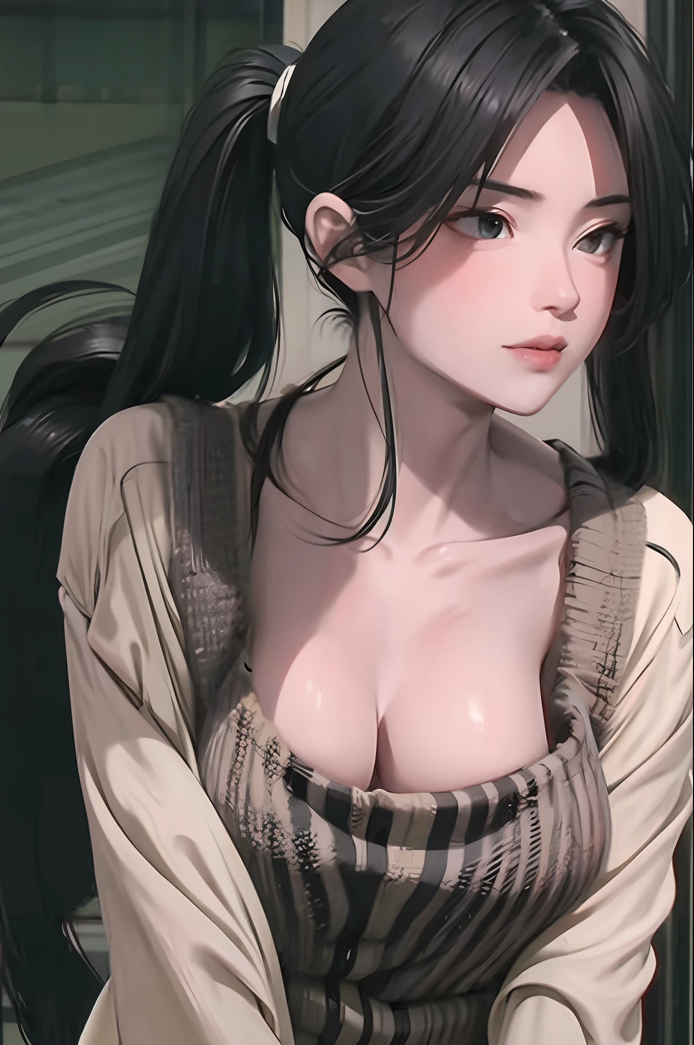 Single, beautiful, long black hair, single ponytail, exquisite appearance, nude,