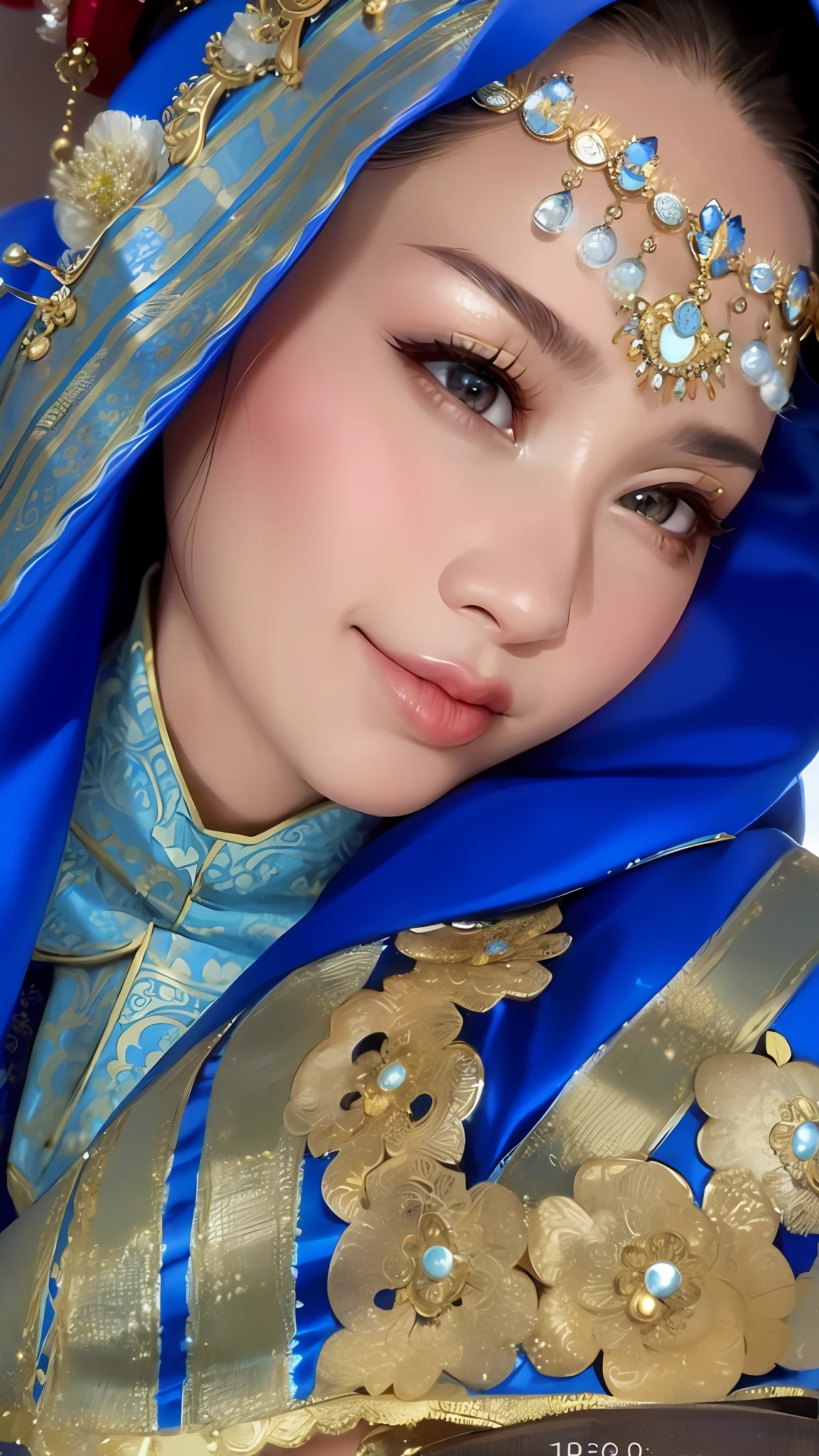 a close up of a woman wearing a blue and gold costume, traditional clothes, traditional makeup, profile picture 1024px, traditional dress, wearing traditional garb, wearing authentic attire, traditional beauty, close up potrait, traditional costume, with blue skin, profile picture, profile image, traditional art, inspired by Tang Di, asian face