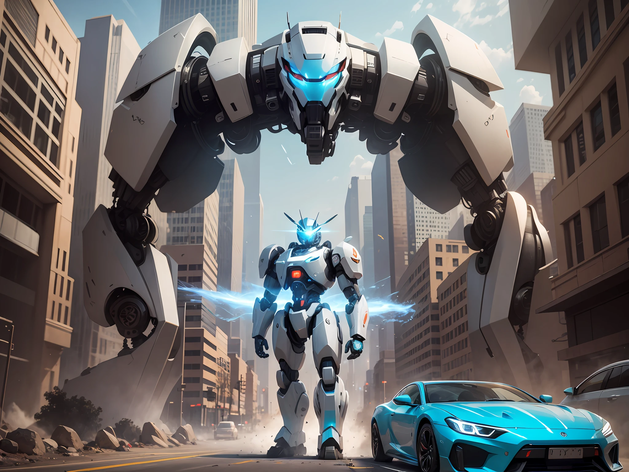Create images in the form of artificial intelligence based on ghost characters in the game, and a helicopter is parked in front of the standing black mech robot