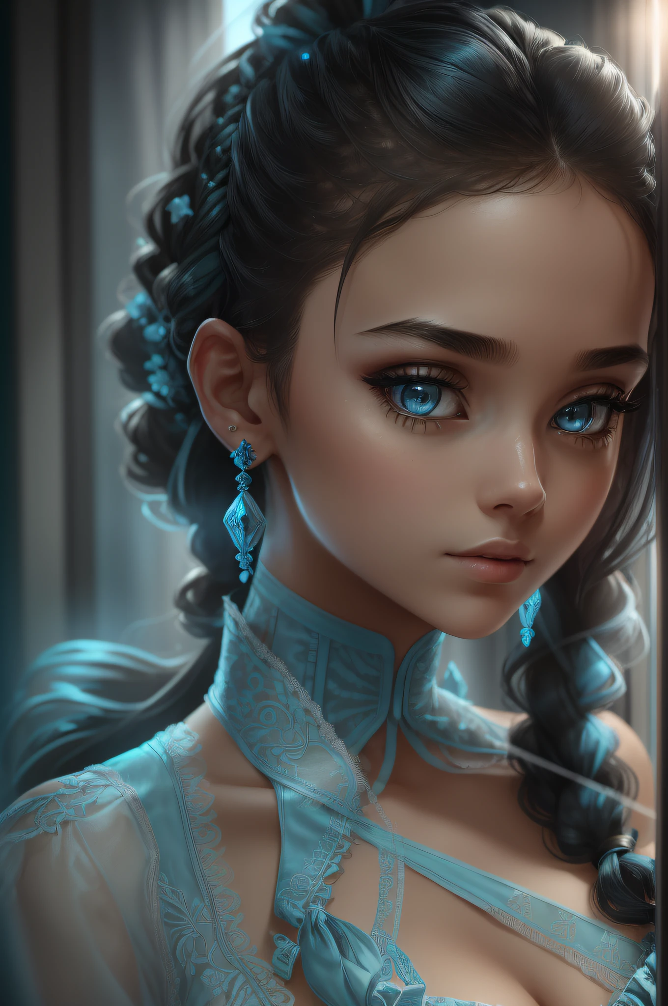 ((Light blue corset dress)), (Best quality, masterpiece: 1.2), Ultra High Resolution, (((Real)), Front lighting, intricate details, exquisite details and textures, Body Portrait, 1 girl, Solo, (young), Face highlights, Upper body, Detailed face, Teardrop mole, Shiny skin, Black and long hair, Ponytail, Braid hair, Look Viewer, Big eyes, ( light blue corset dress), earrings, small breasts, slim body, beautiful background (city hotel room: 1.2), windowsill, professional lighting, photon mapping, radiosity, physically based rendering, ((hair bunched up on head)), huge, {{{masterpiece, best quality, illustration,game_cg}}}, (hair bunched up on head), sexy, cinematic, beautiful background, body portrait, ((black and long hair)), --auto --s2