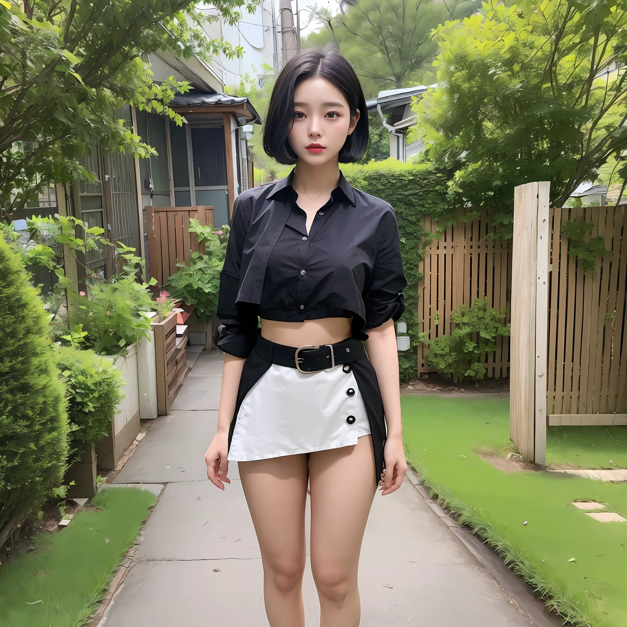 A Korean girl in black tong, standing in the yard sweeping the floor, short black hair, sexy and charming body, thin waist and thick buttocks, full body photo --auto --s2