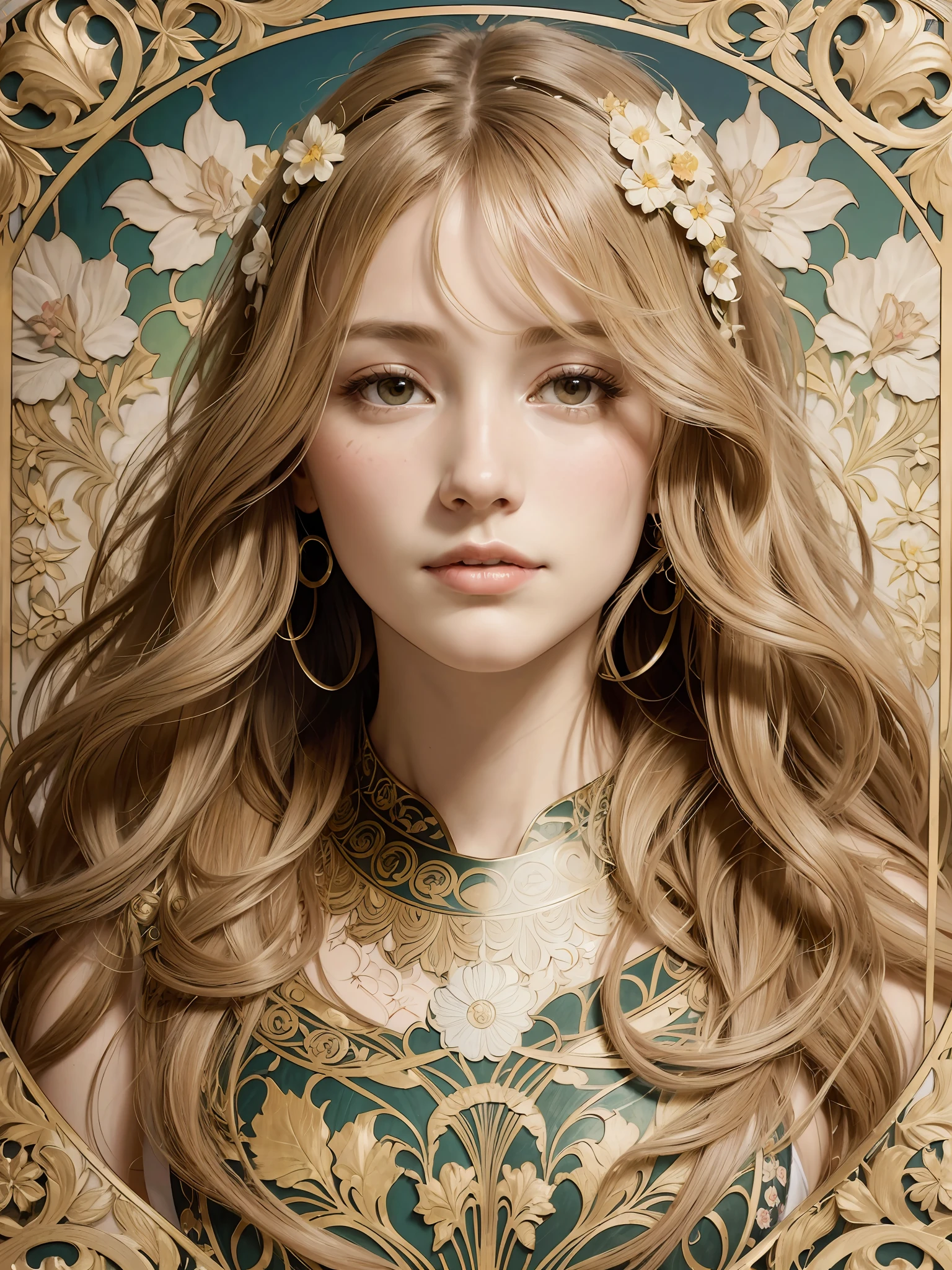 face portrait of a European female , long curly hair, blond, floral frame, Decorative panels, abstract artistic, by Alphonse Mucha (Masterpiece, Best Quality, Highres:1.4), Detailed, Intricate Details, 4K, color splashes, line art, Fibonacci, depth of field