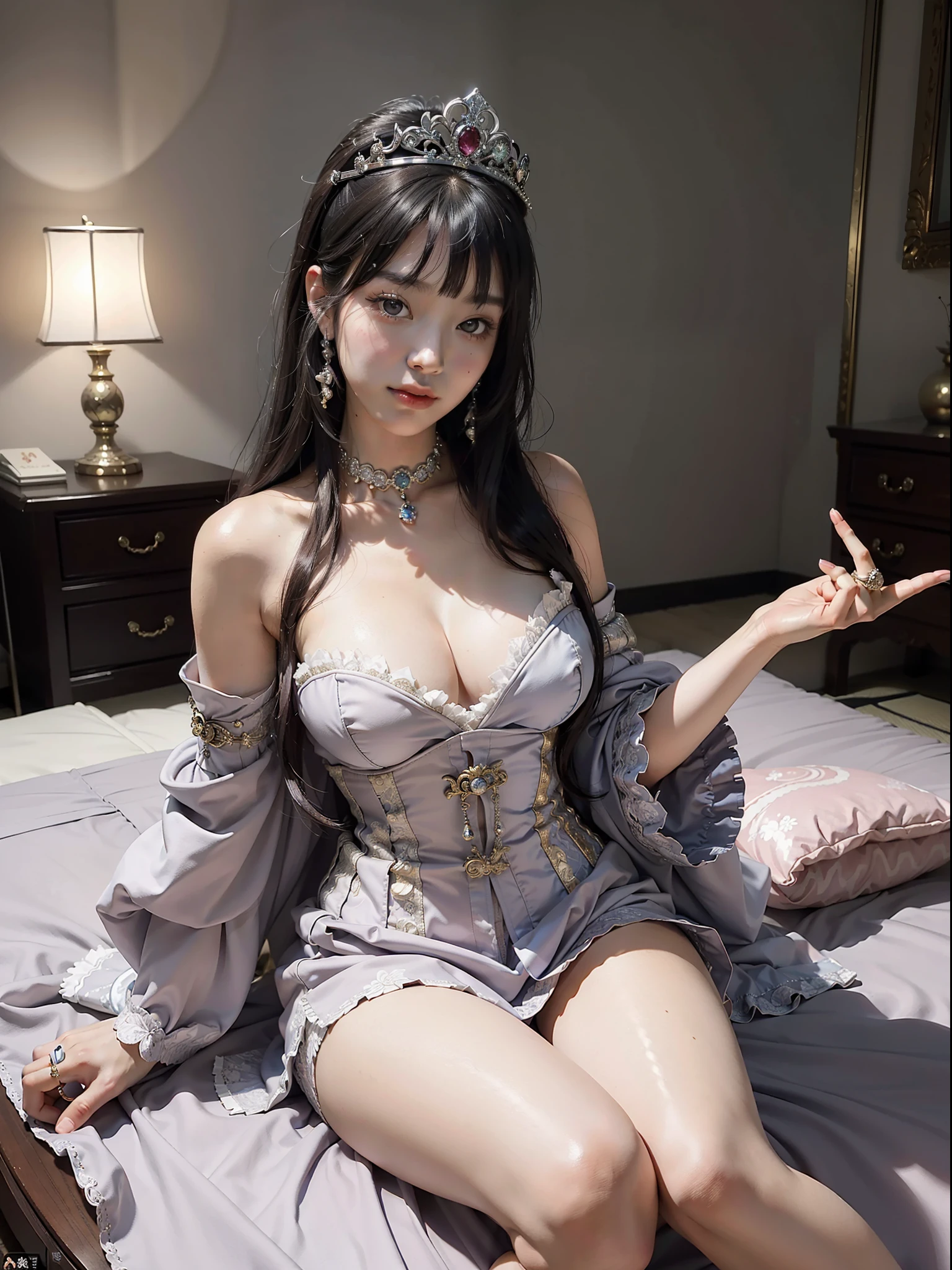 Araki woman in corset sitting on bed in bedroom, a beautiful fantasy queen, on her throne, Japanese goddess, ((beautiful fantasy queen)), sitting on her throne, elegant and charming cosplay, huge stunning goddess shots, seductive anime girl, royal elegant pose, beautiful maiden, beautiful seductive anime woman, cute lazy princess, (Qi bangs), (ring finger diamond ring), smile, masterpiece, realism