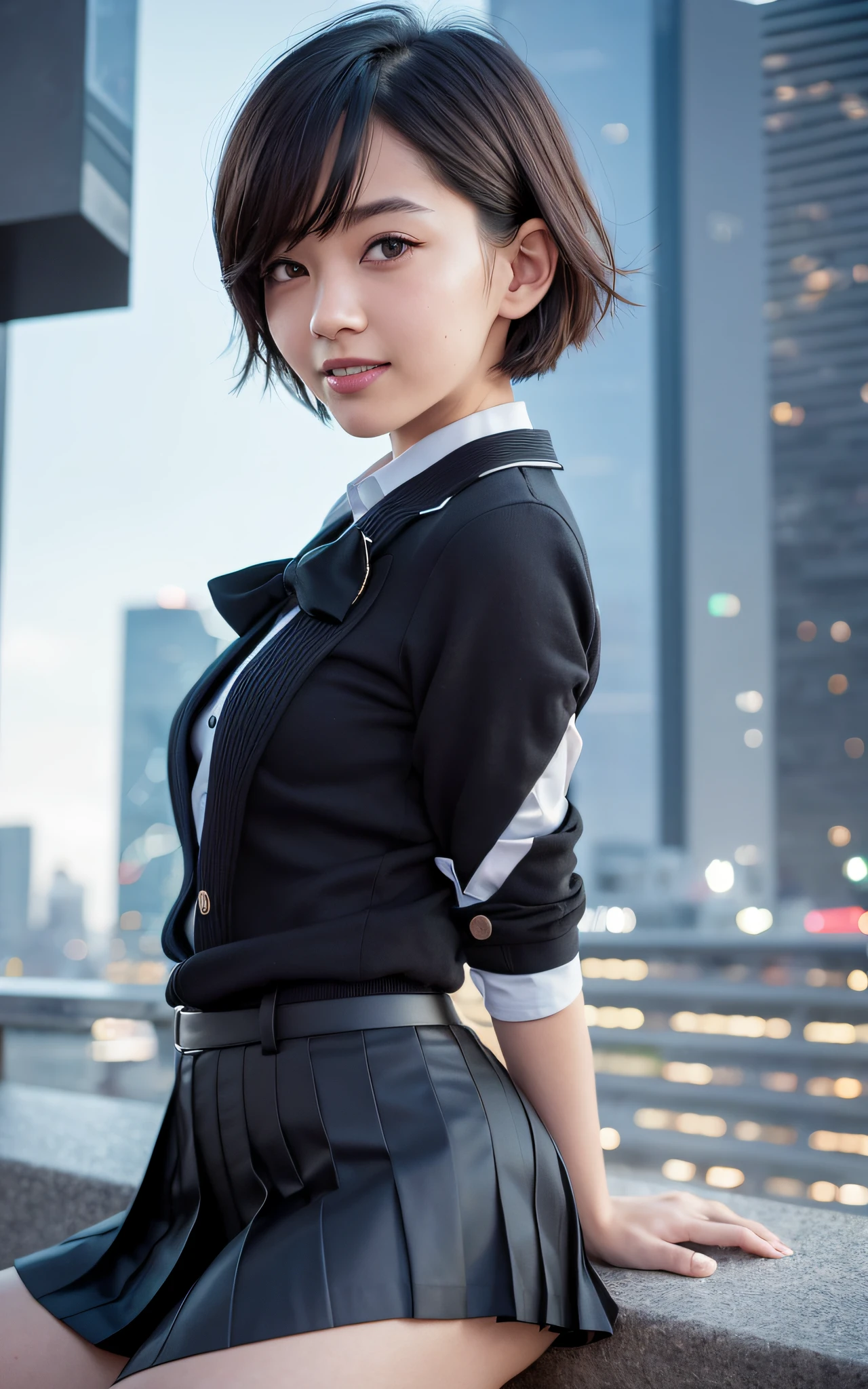 (RAW Photos, Masterpieces: 1.4), (Realistic, Photorealistic: 1.2), portrait, beautiful sky in detail, detailed streets, fashion, viewer look, future, cross-legged
cute, solo, (smile: 1.25), small breasts, (beautiful eye hair: 1.1), (black hair: 1.2), (short hair: 1.1), floating hair,
bow tie, collared shirt, pleated skirt, chalk, (8K, RAW photo, top quality, masterpiece: 1.2), (realistic, photorealistic: 1.47), cinema lighting), (very beautiful), (seductive smile), omertosa, one girl, (smile: 1.1), (closed mouth), (aegyo sal1), (short hair: 1.2), Floating Hair NovaFrogStyle, Cyber, Futuristic, Cute, Cityscape, Cyberpunk City, Night, Stars, Sitting, Date, (Nose Brush), Professional Lighting, Photon Mapping, Radiosity, Physically Based Rendering,
