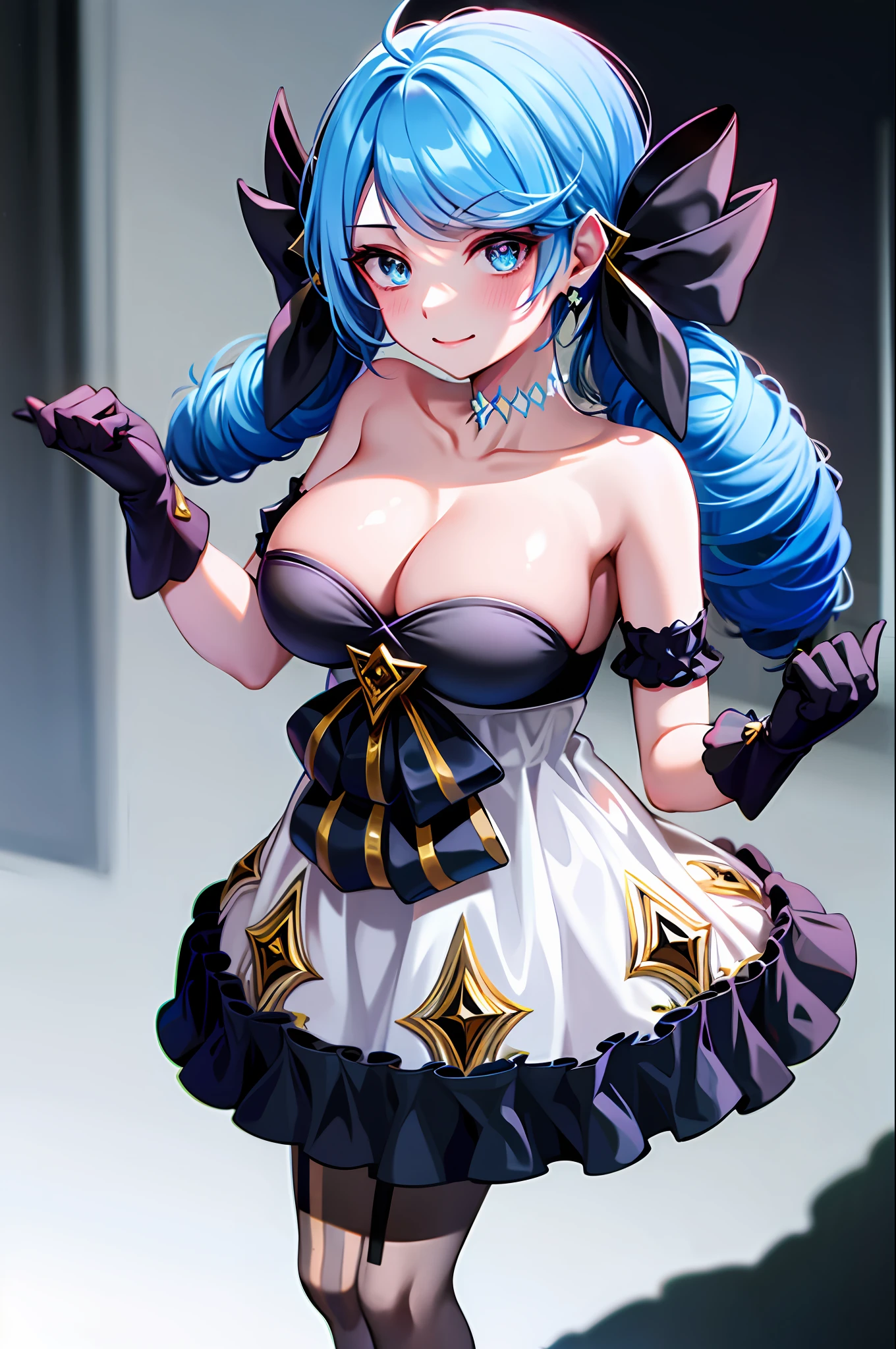 1girl, absurdres, black bow, black gloves, black legwear, blue eyes, blue hair, bow, clarkbone, dress, drill hair, frilled dress, frils, gloves, gwen\(league of legends), hair accessories, highres, League legendary, long hair, lip flap, puff sleeves, pink eyes, smile, solo, white dress, x, x hair accessories, big breasts,