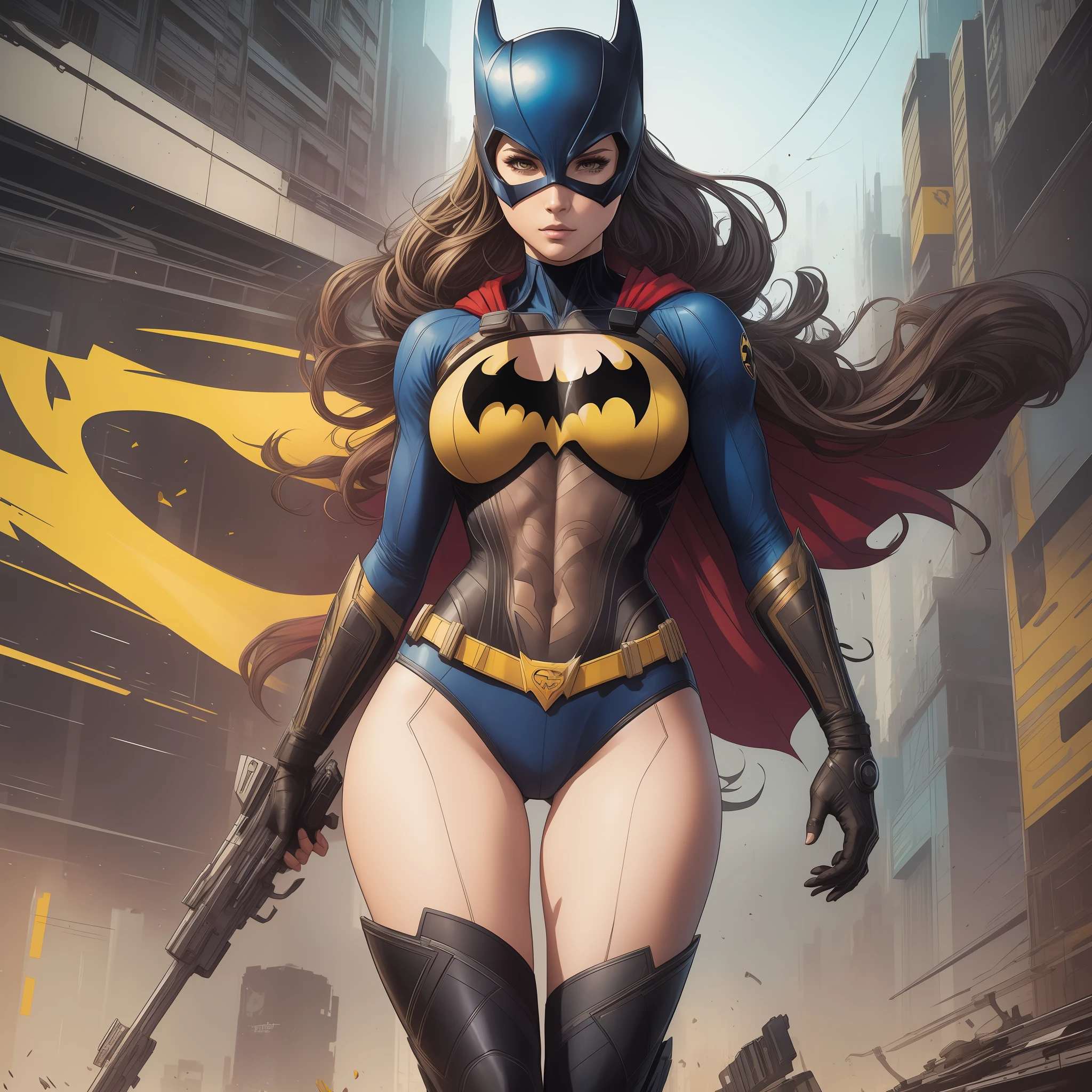 a masterpiece, sticker of a batgirl/supergirl from dc comic wearing alternate yellow costume, coy and alluring, full body, Kim Jung gi, freedom, soul, digital illustration, comic style, cyberpunk, perfect anatomy, centered, approaching perfection, dynamic, highly detailed, watercolor painting, artstation, concept art, smooth, sharp focus, illustration, art by Carne Griffiths and Wadim Kashin, unique, award winning, masterpiece --auto --s2