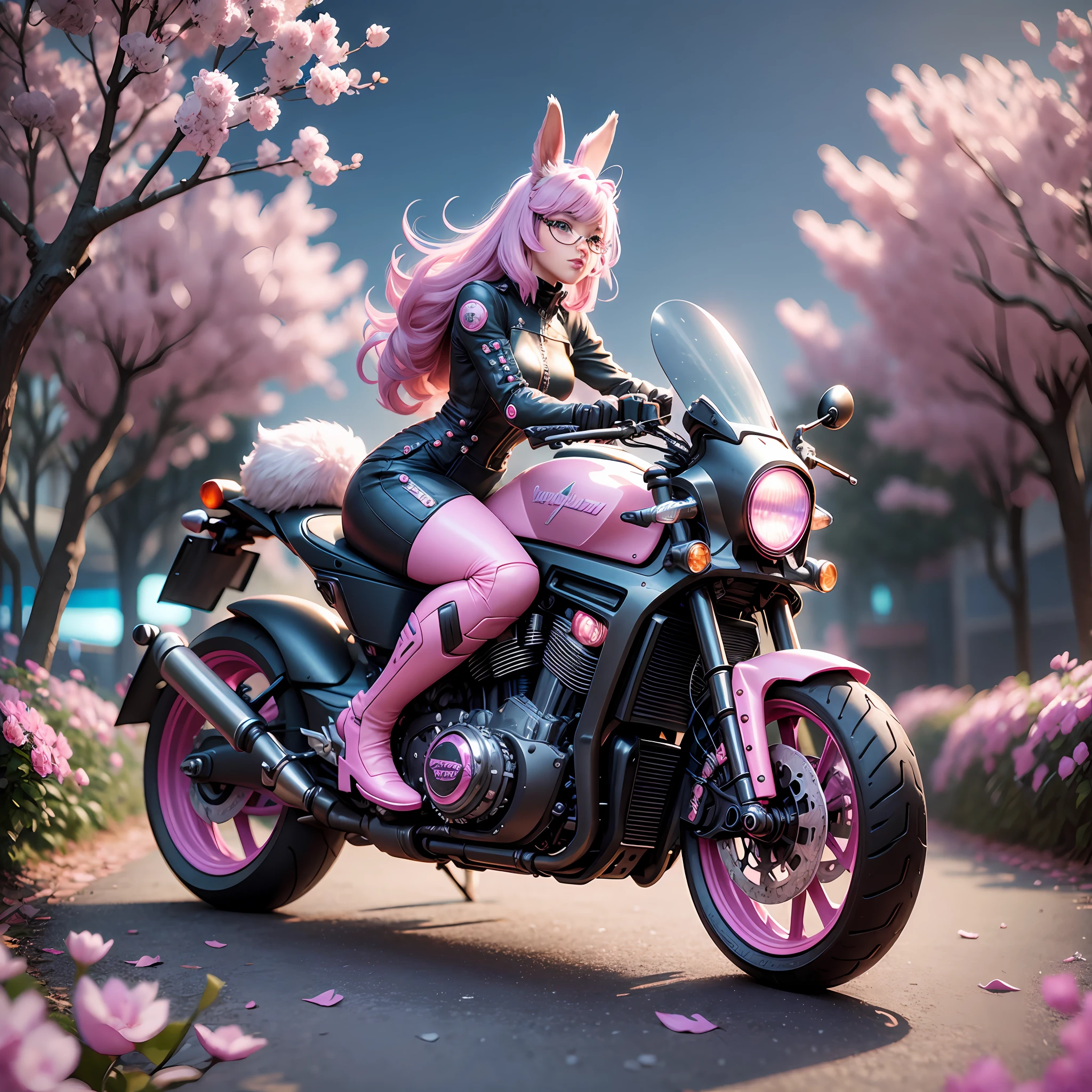 Cyberpunk motorcycle,Sitting on a furry and lovely mini Pixar-style rabbit, crystal rose garden, dreamy Renaissance princess castle, stars, galaxy, pink romantic cherry blossom background, dynamic lighting, high-definition aesthetic pictures, high-definition, layering, super wide-angle lens, Real shooting, 3D rendering, ray tracing,HD --auto --s2