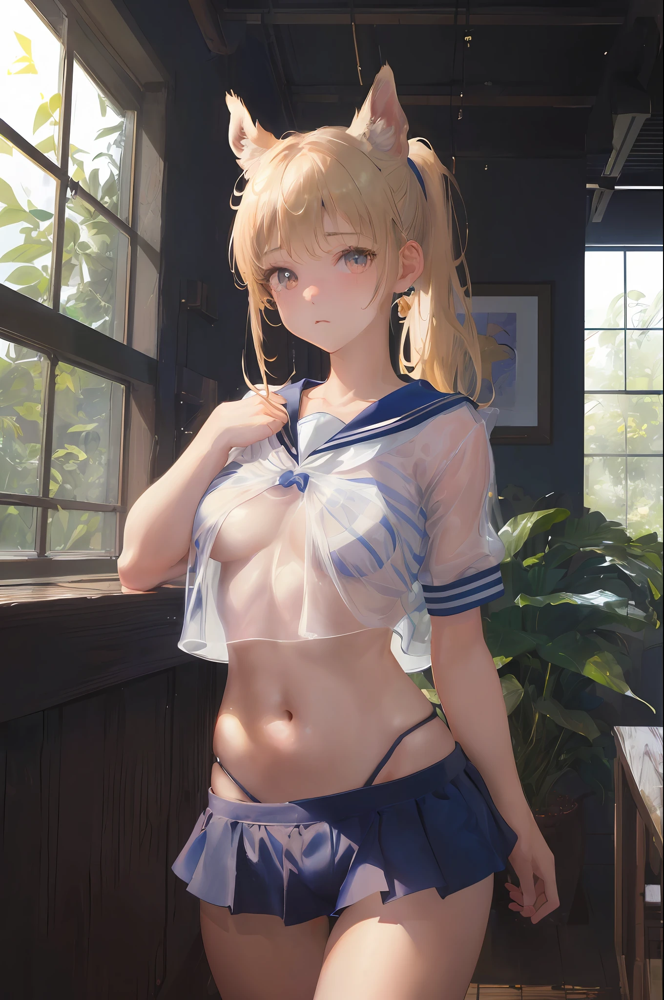 Cornflower Art, Dreamy, (Masterpiece, Top Quality, Perfect Anatomy, Beautiful Face, Realistic, Super Detailed, 1 Girl, 18 Ears Old Man, Solo, Depth of Field, Canon 24mm Lens, F1.4, cute_girl, sailor_ Collar, Clear Facial Features, Short Sleeves, Small, Slender Height, Height 150, Barefoot, Double Ponytail, Bangs, Gravure Pose, Indoors, Slouch, Chest gap jungle, blurred background, (Uwabaki: 1.1576)) whole body, clear liquid dripping from the crotch, the front of the shirt is exposed, breasts are visible, transparent bra, light blue striped buns, erotic, , NSFW movie, hentai,