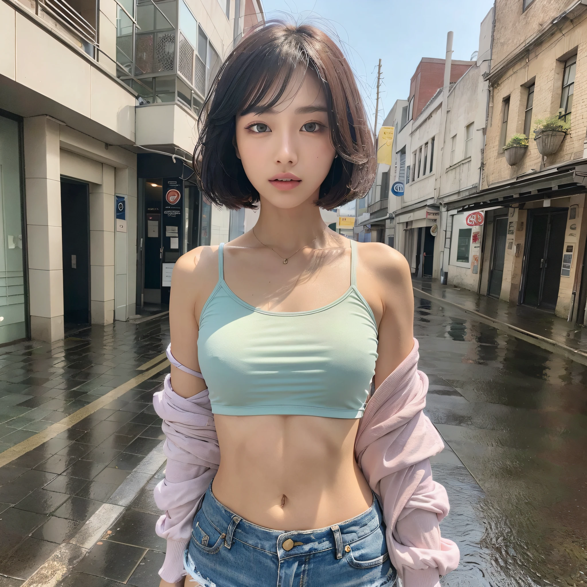 ((Top Quality, 8k, Masterpiece: 1.3)), Focus: 1.2, Perfect Body Beauty: 1.4, Slim Abs: 1.2, ((Layered Haircut, Big: 1.2)), (Wetwear: 1.1), (Rain, Street: 1.3), Wet: 1.1, Highly Detailed Face and Skin Texture, Narrow Eyes, Double Eyelids, Double Clothes, Shorts, Shorts, Shorts, Hips