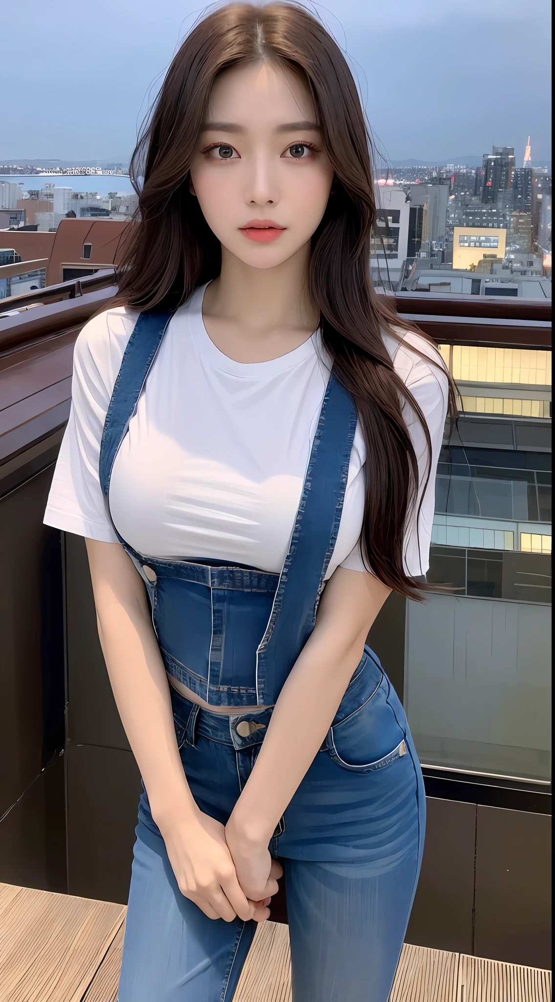 ((Midnight, Best quality, 8k, Masterpiece :1.3)), Whole body, Long legs, Sharp focus :1.2, A pretty woman with perfect figure :1.4, Slender abs :1.1, ((Dark brown hair, Big breasts :1.2)), (White tight tshirt, Jean bib, Standing:1.2), ((Night city view, Rooftop:1.3)), Highly detailed face and skin texture, Detailed eyes, Double eyelid