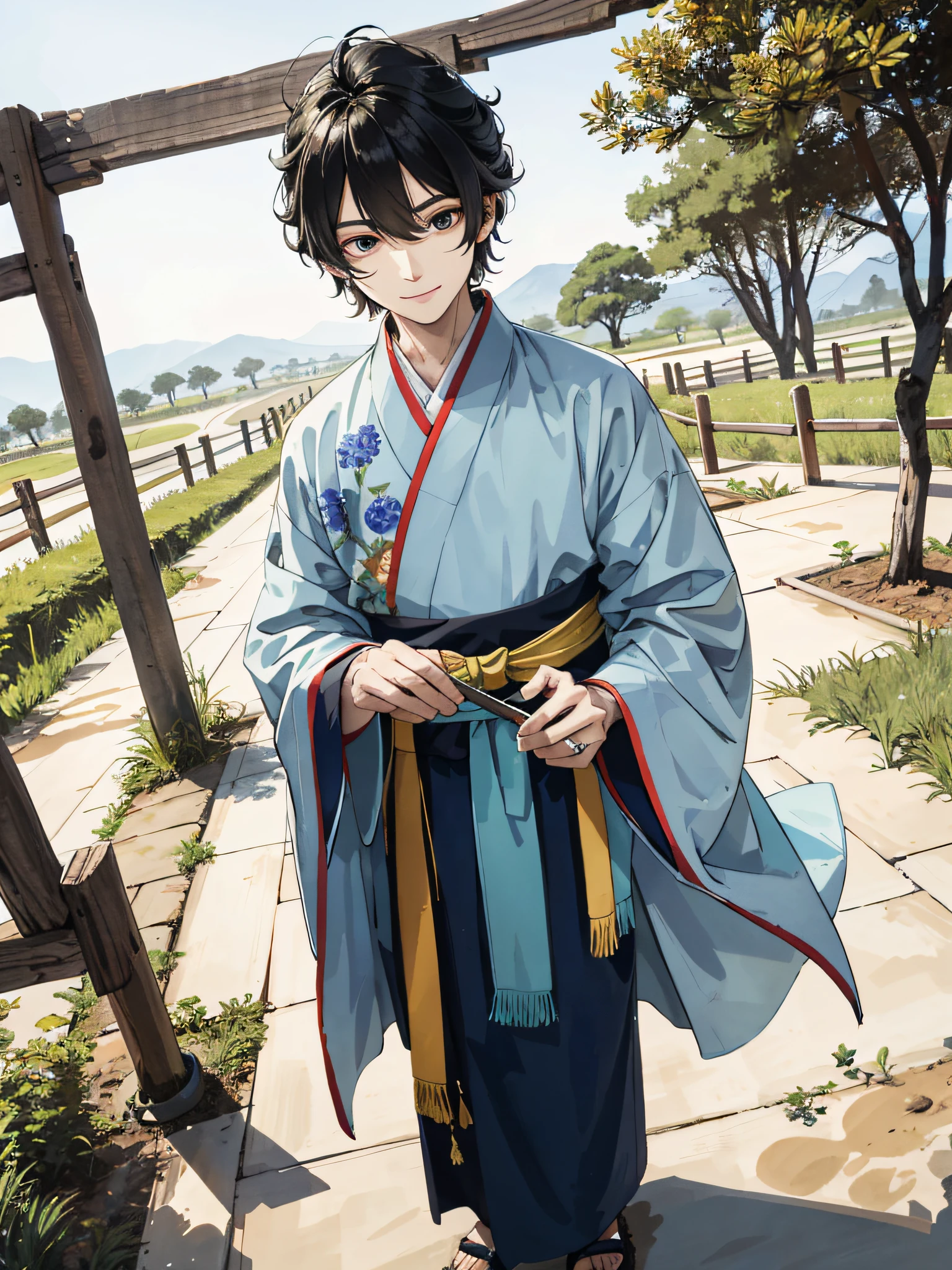 Absurd, high definition, super detailed, texture details, clear presentation, HD details, detail performance, fine details, clear face, precise restoration, clear eyeballs, (1 person: 1.3), hand-drawn, simple lines, an 18-year-old man in colorful Hanfu, standing on the dirt road at the entrance of the ancient village, masterpiece, sunny day, looking at the camera, dynamic smile, marriage, wedding