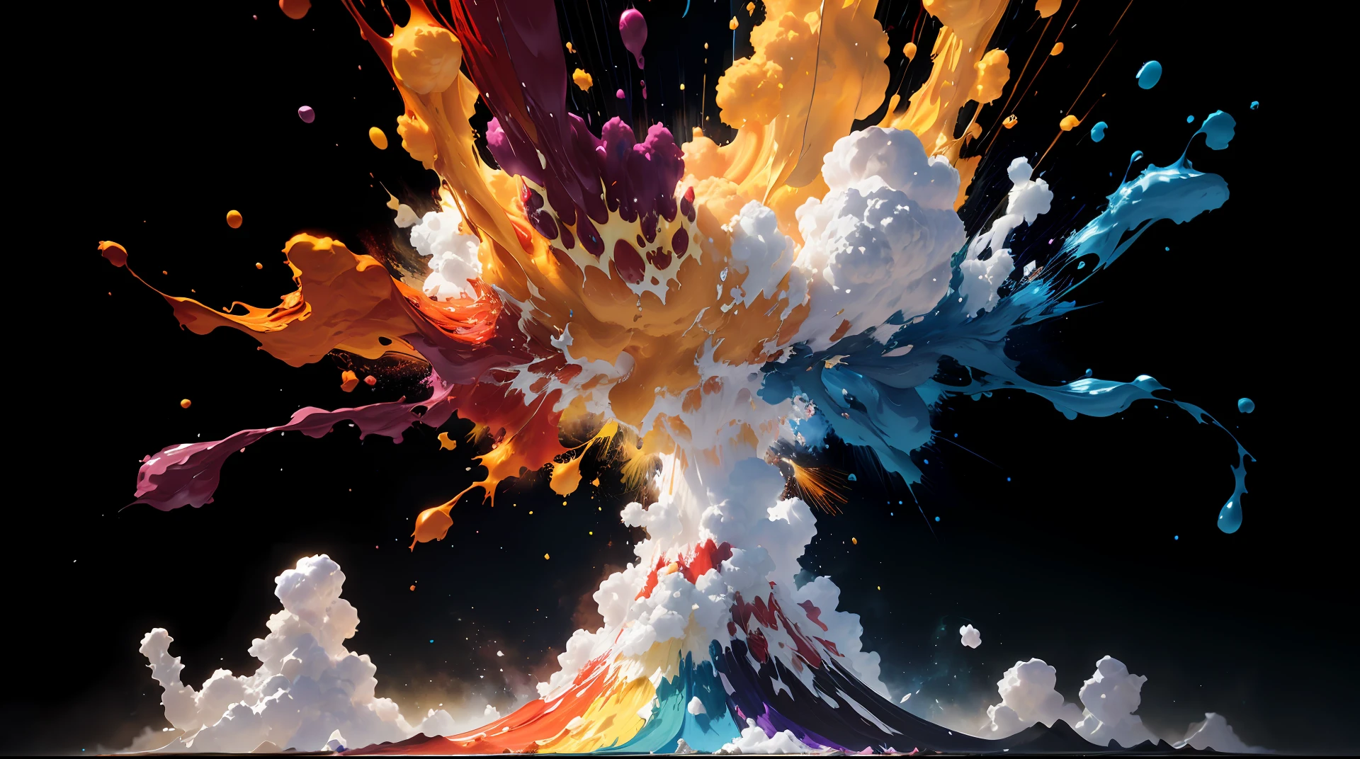 (Height difference: 1.8), (paint collision splash on canvas), (depth of field), 1 girl's side face blended in, ((side face)), mouth closed, (liquid pigment rainbow hair: 1.1) made of painting gravity resistant, thick flow, (paint splash: 1.3), liquid, stunning beauty, masterpiece, detail background, super high quality model, ethereal background, abstract beauty, explosion volume, oil painting, heavy stroke, romantic light, sub-surface scattering, lens 135mm, F1.8, Glow, 8K, High Resolution, Dream, Ray Tracing, HDR, God Ray,