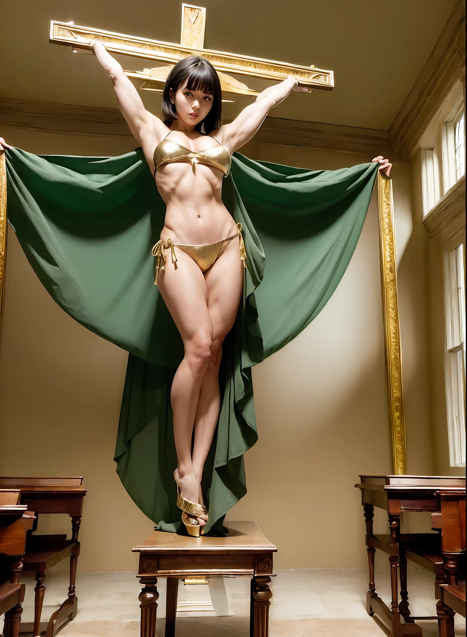 (((Masterpiece))), ((Photo Quality)), ((Real)), Cross, Crucifixion, Arms Spread, Execution, Tying Up, Very Beautiful Woman, Full Body Wide Shot, Very Short Hair, Bangs, Gold Micro Tong Bikini, ((((Colossal)))), Muscular Body, Abs, Crowd, In the classroom,
