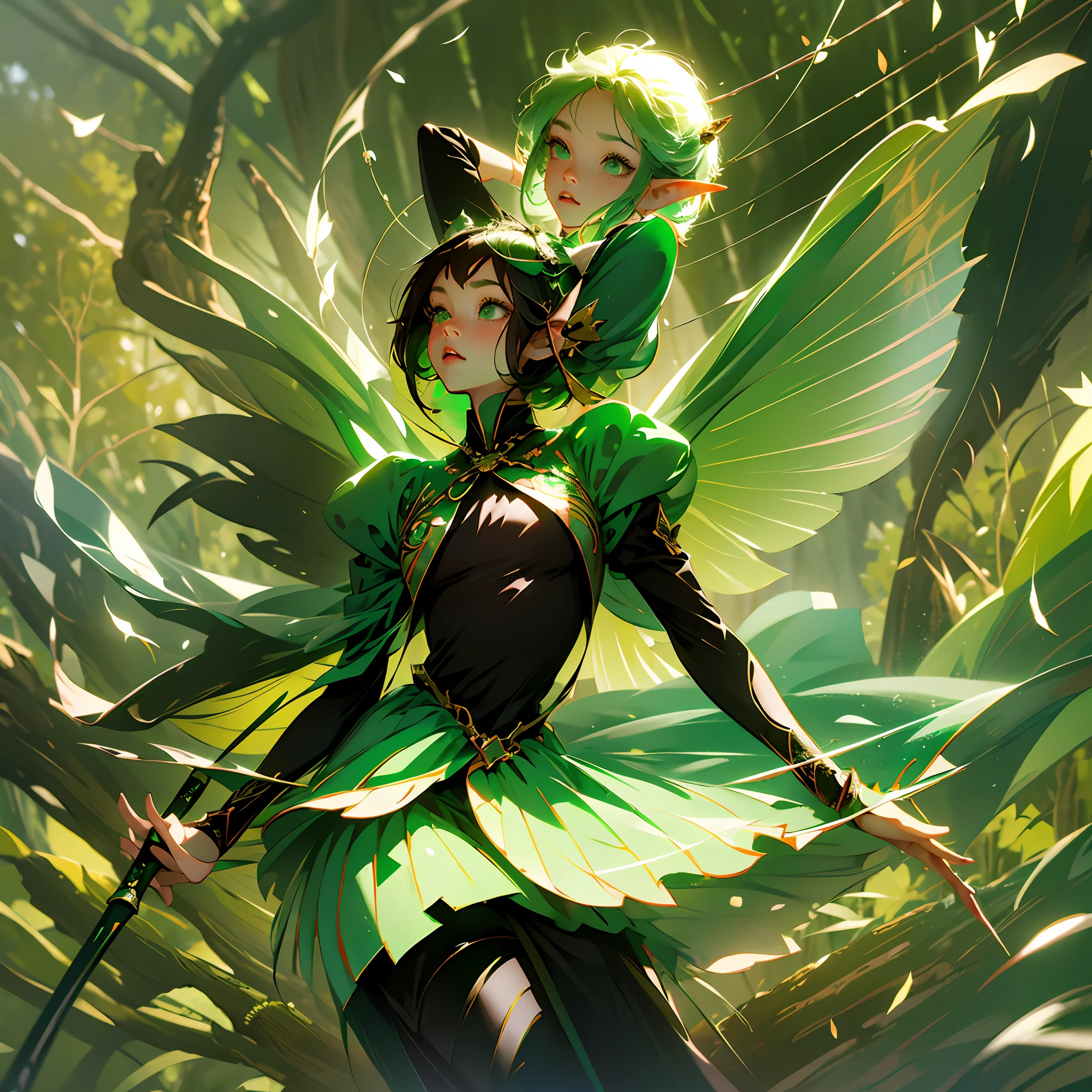 Anime girl in green and black costume on wings and green background, pixie character, fairy, forest fairy, insect trainer girl, brunette elf with fairy wings, pixie, cute 3d anime girl rendering, April rendering, fairy dance, open legs --auto --s2