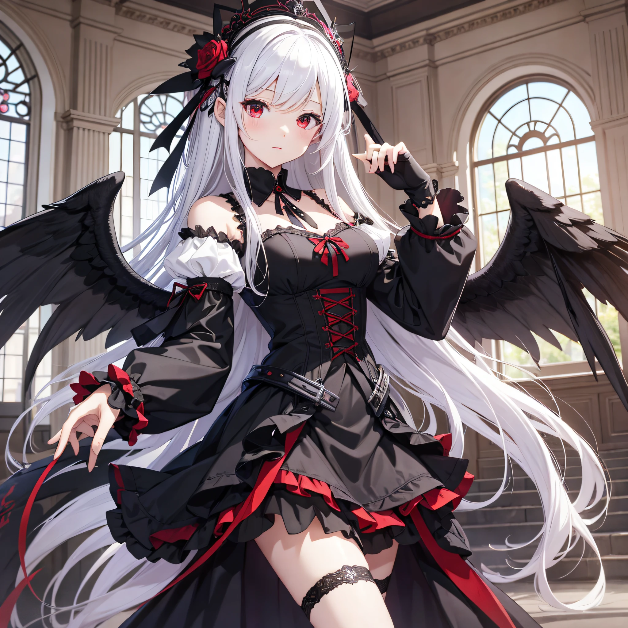 masterpiece, best quality, highres, sui1, 1girl, solo, suigintou, red eyes, long hair, gothic dress, white hair, rose hair ornament, long sleeves, gothic hairband, ribbon, black dress, black wings, cowboy shot, scornful, --auto --s2