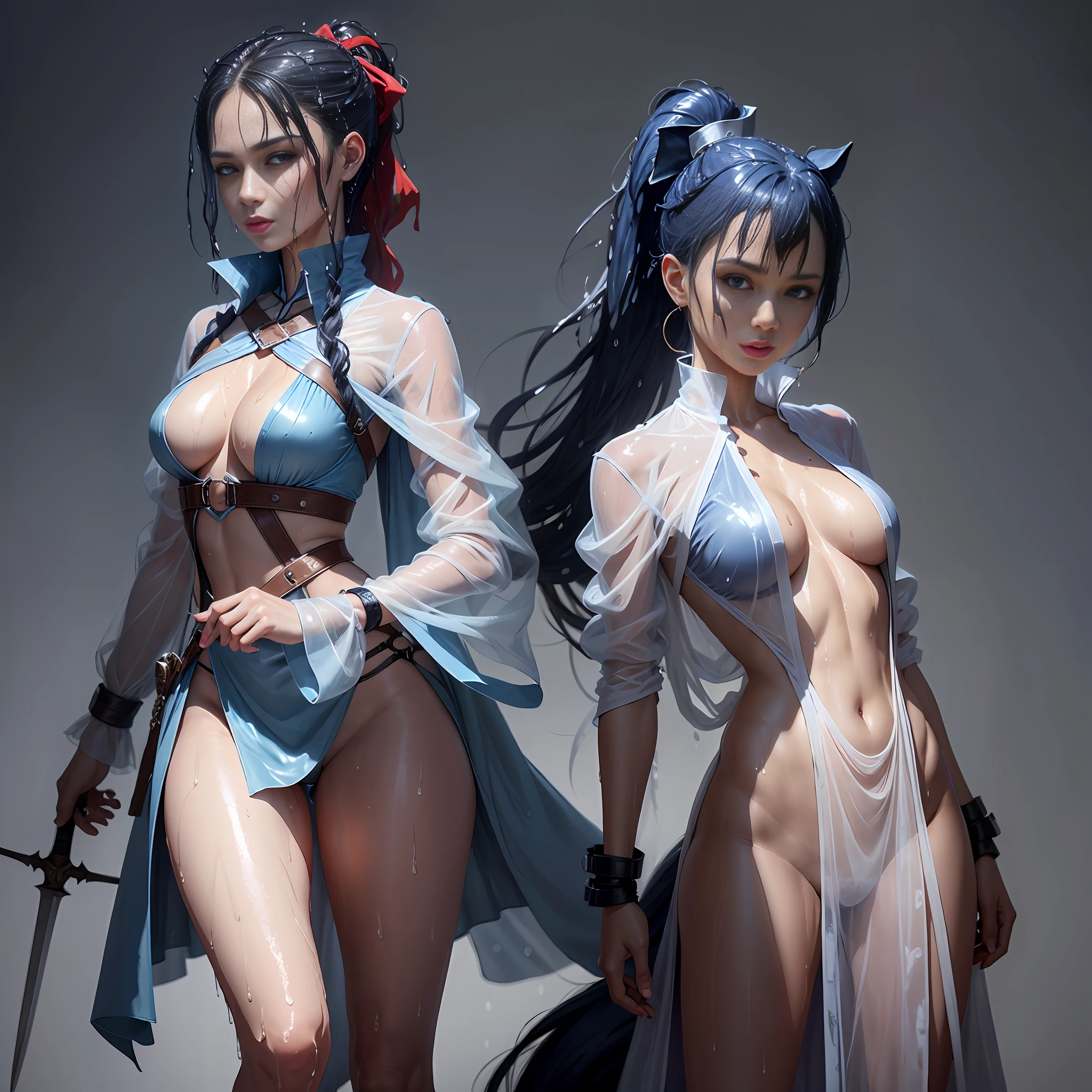 Ponytail, beautiful female warrior, approximately 20 years of age, with a perfect body and dressed only organza transparent coat (see-through: 2.0) , The character has dark blue hair with red highlights, tied in a horse tail, and holds a short sword in her hand. I would like the drawing to be done in any graphic convention that fits the character’s nature, wet skin, (wet:2.0), shiny skin, transparent organza flowing coat, photorealistic: 2.0. Shiny skin,