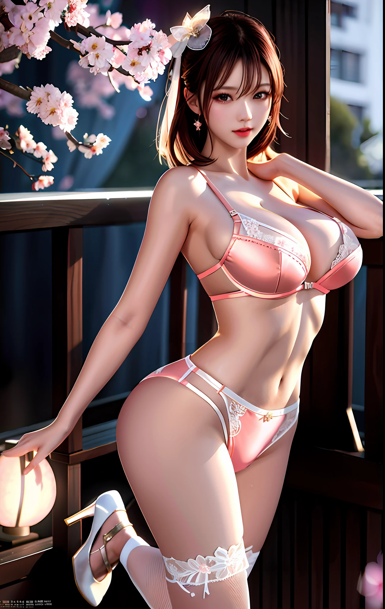 best quality, masterpiece, high_res, 1 girl, beautiful face, photo realistic, edge lighting, 8K ultra hd, dslr camera, high quality, high resolution, 8K, bokeh, big breasts, ridiculous, wet body, no bra, dim light, backlit, dark, highly detailed, short hair, sweet, bare breasts, breast patches, fine bra, transparent lingerie, thong , abs, stockings, huge breasts, erotic lingerie, lace, pink lingerie, peach blossom, busty, high heels, red high heels