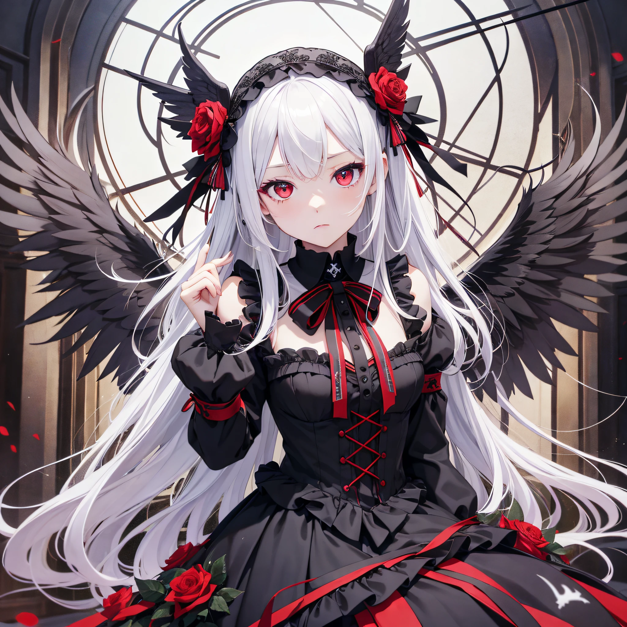 masterpiece, best quality, highres, sui1, 1girl, solo, suigintou, red eyes, long hair, gothic dress, white hair, rose hair ornament, long sleeves, gothic hairband, ribbon, black dress, black wings, cowboy shot, scornful, --auto --s2