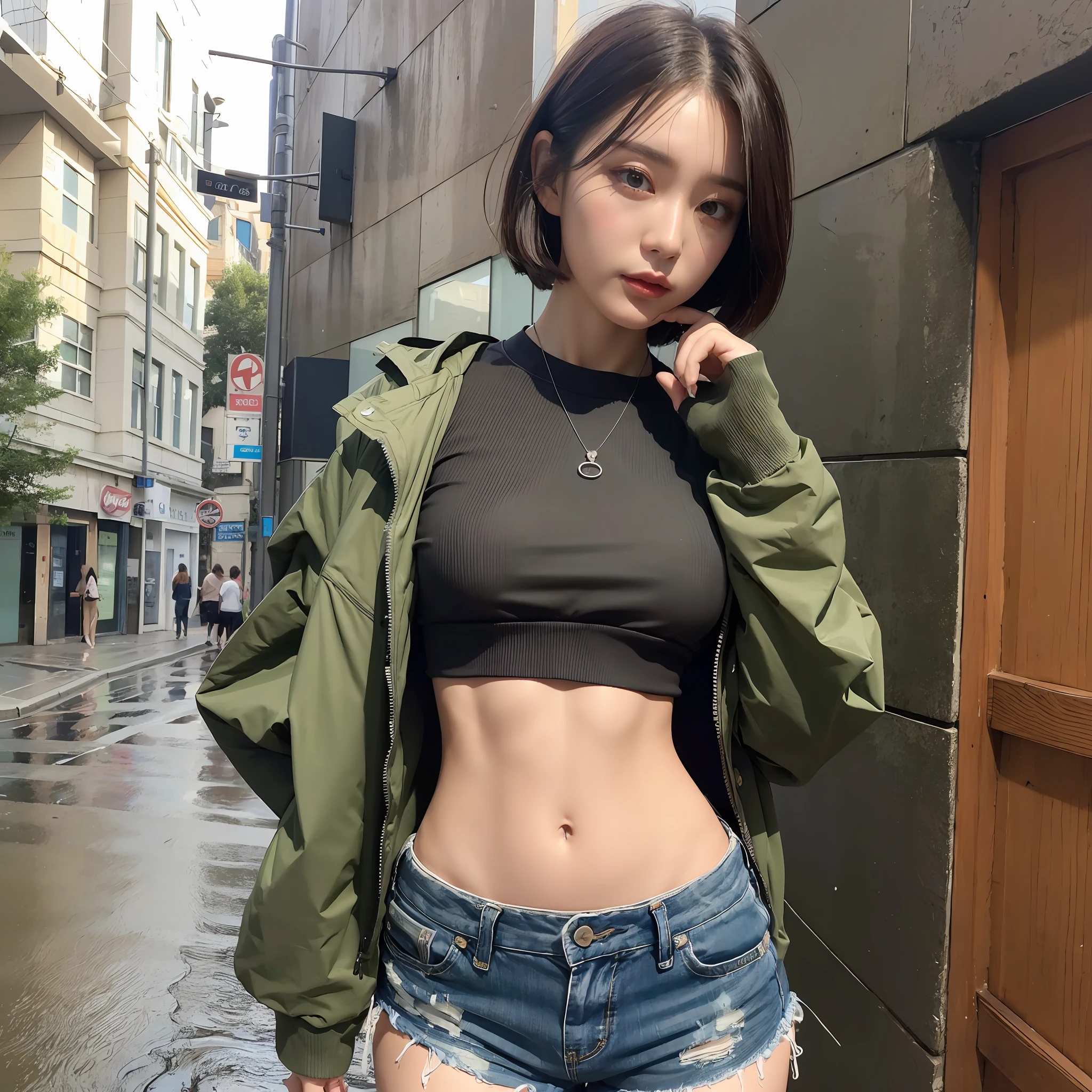 ((Top Quality, 8k, Masterpiece: 1.3)), Focus: 1.2, Perfect Body Beauty: 1.4, Slim Abs: 1.2, ((Layered Haircut, Big: 1.2)), (Wetwear: 1.1), (Rain, Street: 1.3), Wet: 1.1, Highly Detailed Face and Skin Texture, Narrow Eyes, Double Eyelids, Double Clothes, Shorts, Shorts, Shorts, Hips