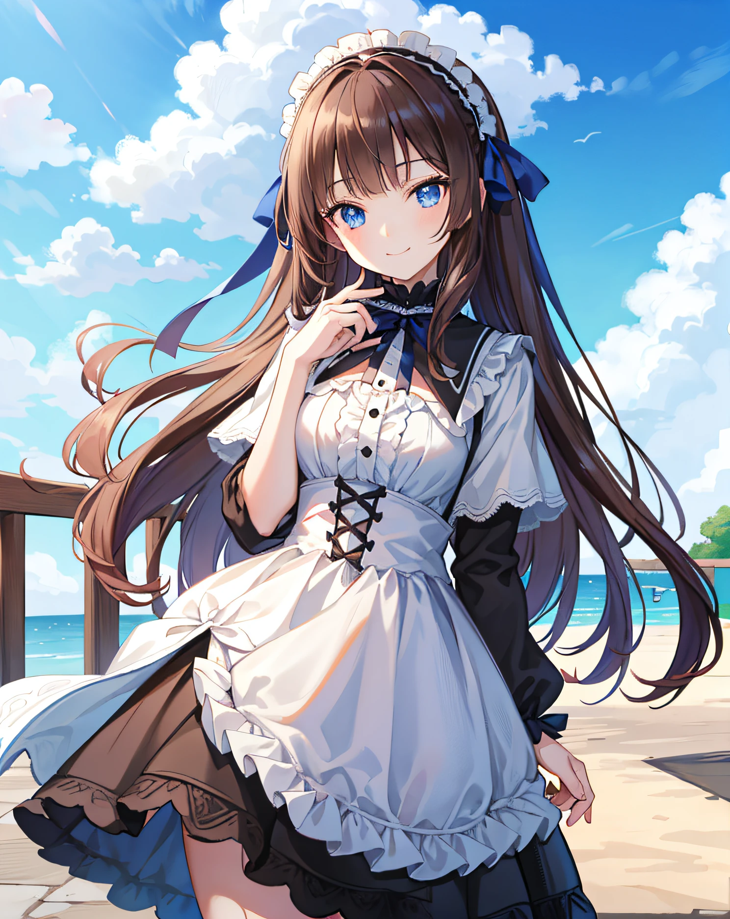 masterpiece, park, blue sky, brown hair, long hair, blunt bangs bangs, long eyelashes, blue eyes, black gothic lolita, smile, ribbon in hair, gentle expression