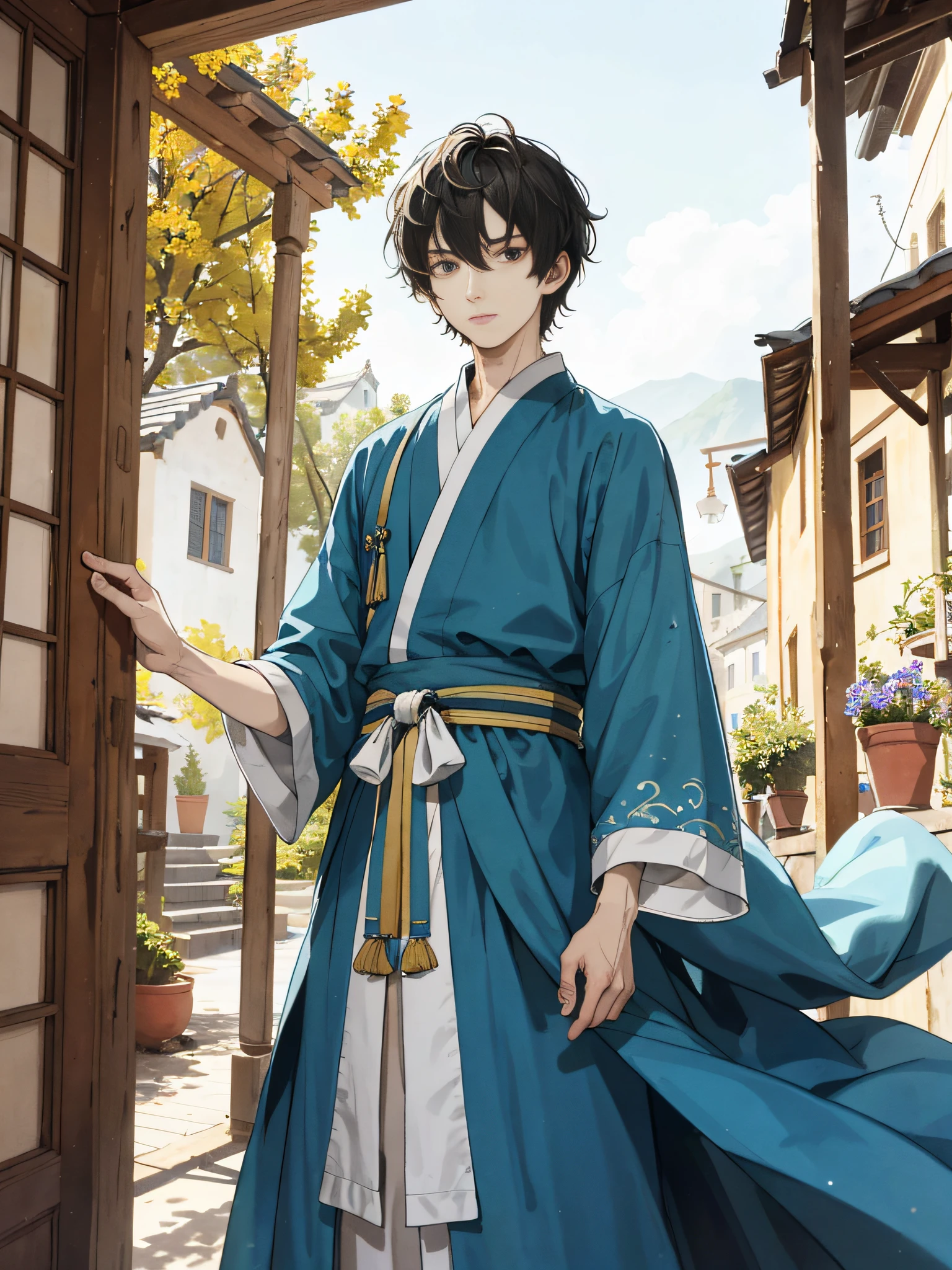 Absurd, high definition, super detailed, texture details, clear presentation, HD details, detail performance, fine details, clear face, precise restoration, clear eyeballs, (1 person: 1.3), hand-drawn, simple lines, an 18-year-old man in colorful Hanfu, standing at the entrance of the village, masterpiece, sunny day, looking at the camera