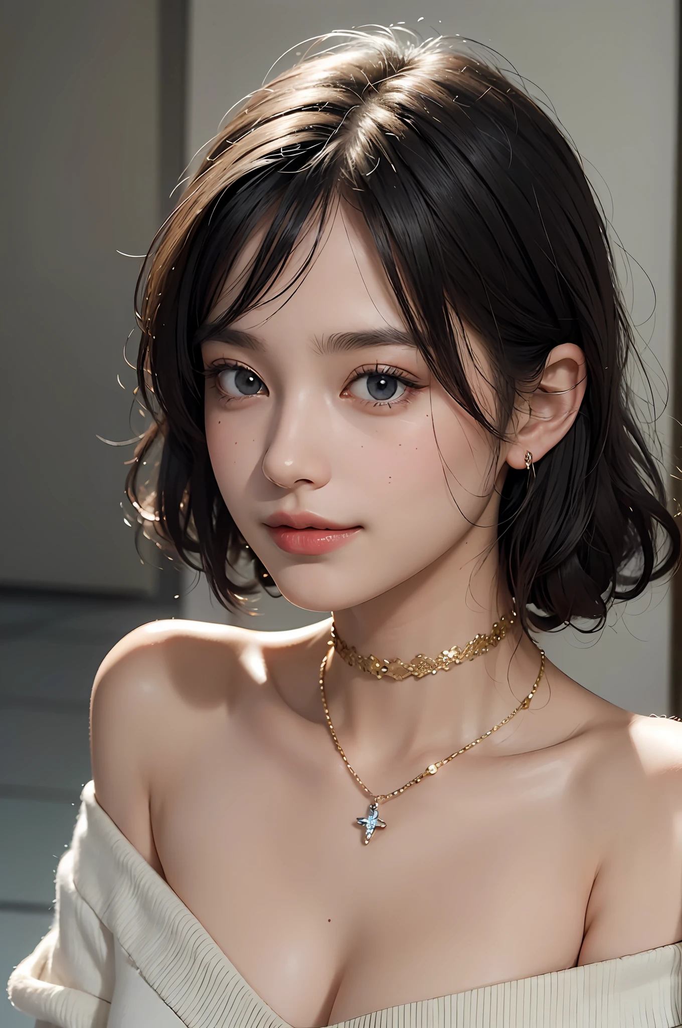 (Masterpiece: 1.3), (8k, Photorealistic, RAW Photo, Best Quality: 1.4), (1girl), Beautiful Face, (Realistic Face), (Black Hair, Short Hair: 1.3), Beautiful Hairstyle, Bangs, Bangs on Eyebrows, Smile, Realistic Eyes, Gloss, Highlights, Highlights in the Eyes, Eyelashes, Beautiful Detail Eyes, (Realistic Skin), Beautiful Skin, Transparency, Off Shoulder, Red knit, blue knit, black shoulder strap, shoulder strap, thick choker, bust, smile, tooth, absurdity, attractive, ultra high resolution, ultra-realistic, high definition, golden ratio, crystal clear eyes, wet, mole, gaze on camera, ears, sparkle, long neck, double eyelids, big eyes, cheeks, gentle character, attractive personality, gentle, touching, overwhelming charm, bright personality