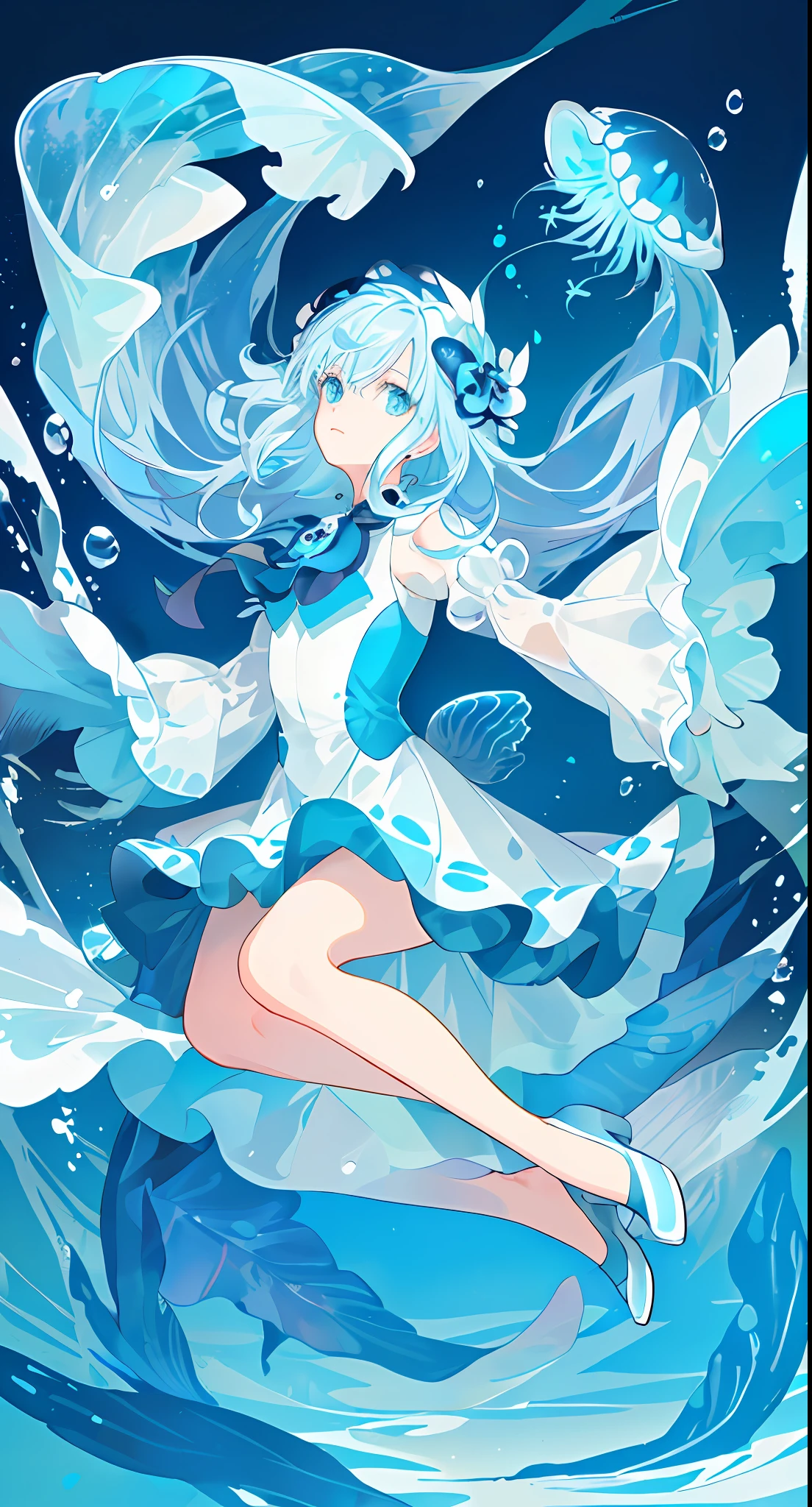 ((masterpiece,best quality)),(negative space:1.2),(1girl, solo:1.4),beautiful detailed eyes,floating hair, underwater, bubble, fish, (jellyfish), fluorescence,sea turtle, seaweed,