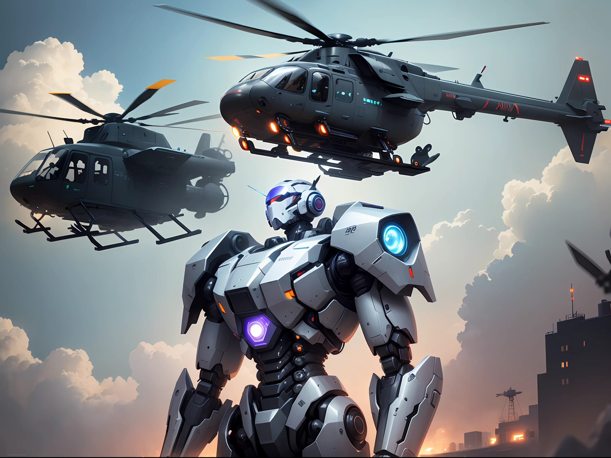 Create images in the form of artificial intelligence based on ghost characters in the game, and a helicopter is parked in front of the standing black mech robot