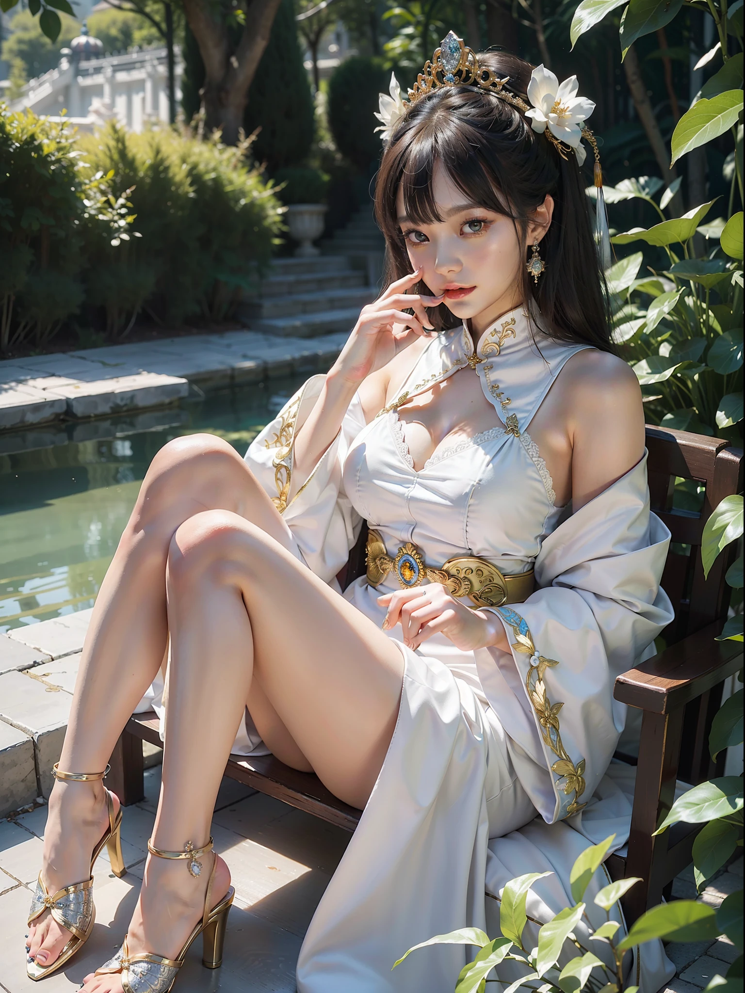 Woman posing for photo in white and gold costume, elegant and charming cosplay, palace, girl in Hanfu, gorgeous Chinese model, Chinese goddess, gorgeous cosplay, full body fairy, beautiful goddess, royal elegant pose, cosplay, popular in cgstation, anime girl cosplay, (Qi bangs), (ring finger diamond ring), masterpiece, realism