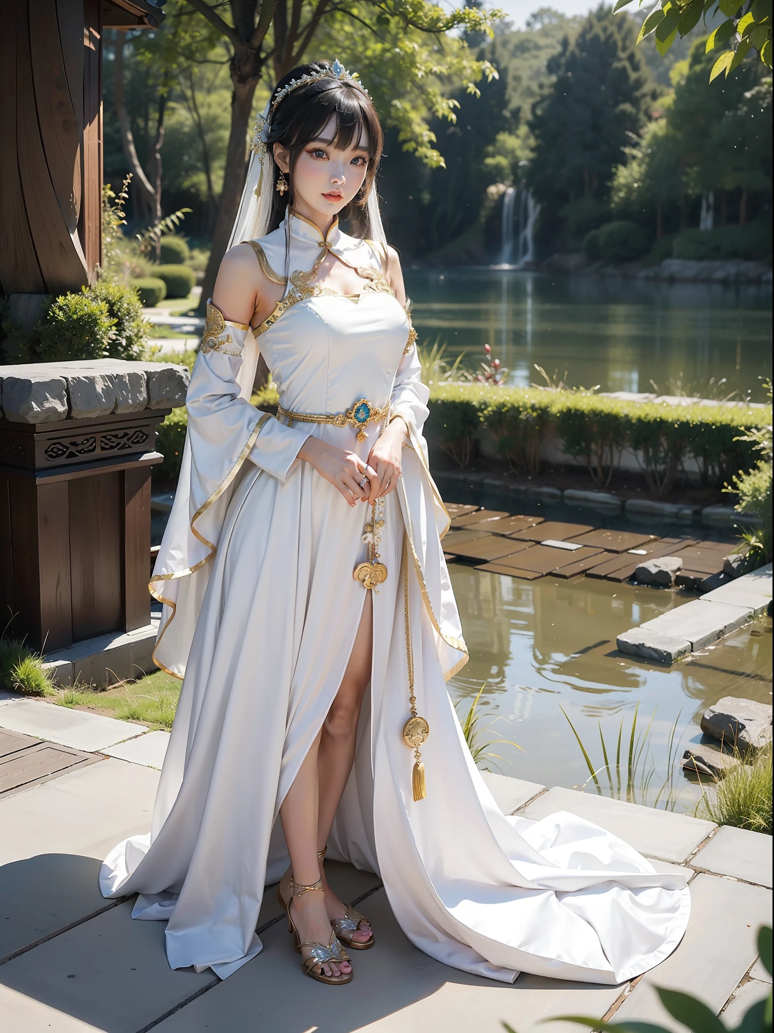 Woman posing for photo in white and gold costume, elegant and charming cosplay, palace, girl in Hanfu, gorgeous Chinese model, Chinese goddess, gorgeous cosplay, full body fairy, beautiful goddess, royal elegant pose, cosplay, popular in cgstation, anime girl cosplay, (Qi bangs), (ring finger diamond ring), masterpiece, realism