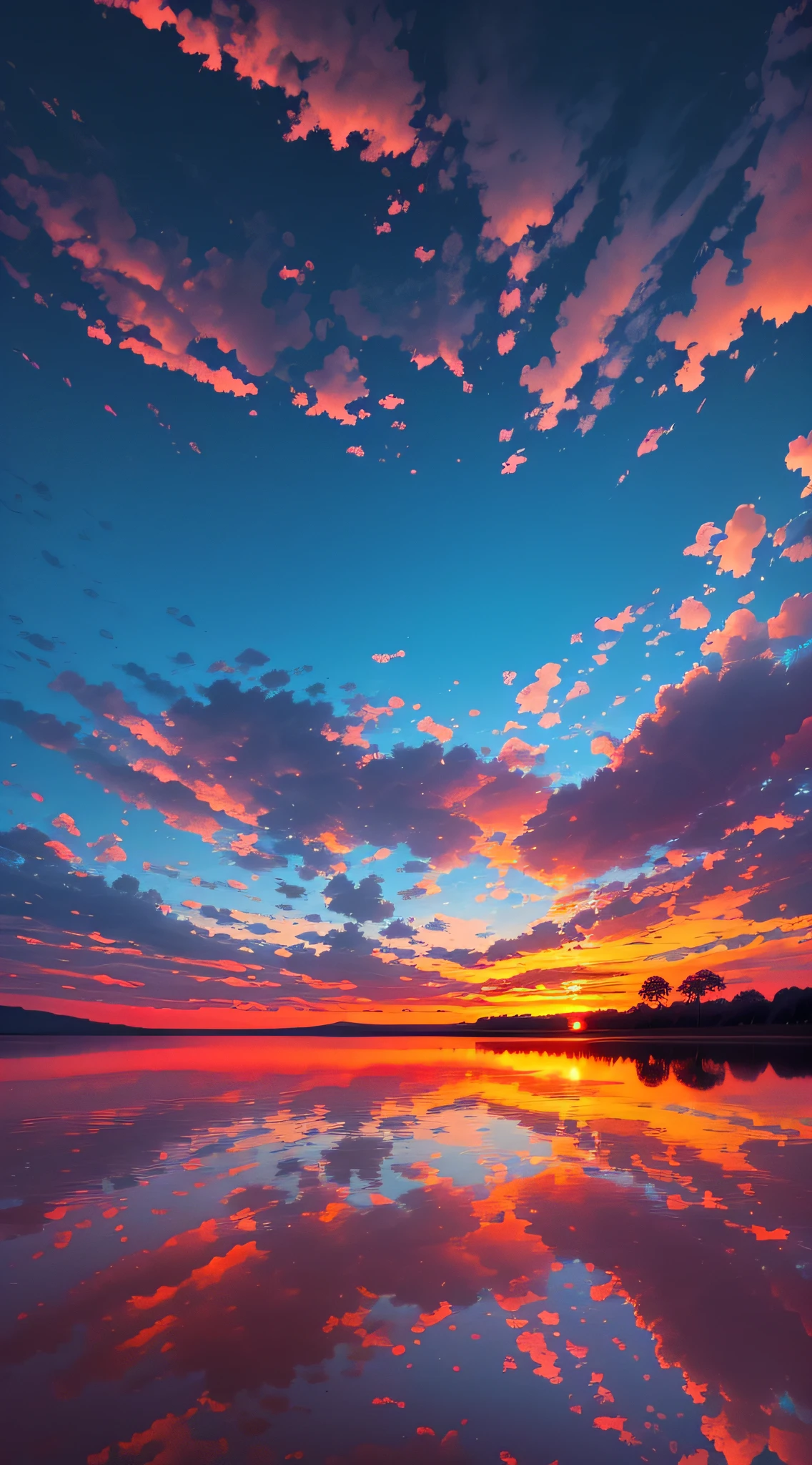 there is a beautiful sunset with a lake and trees in the background, colorful skies, surreal colors, colorful sunset, colorful sky, marvellous reflection of the sky, stunning sky, dream like atmosphere 8k, colorful clouds, colors reflecting on lake, surreal sky, red and blue reflections, fire reflection, beautiful sky, beautiful and spectacular dusk, beautiful dreamy landscape, amazing sky --auto --s2