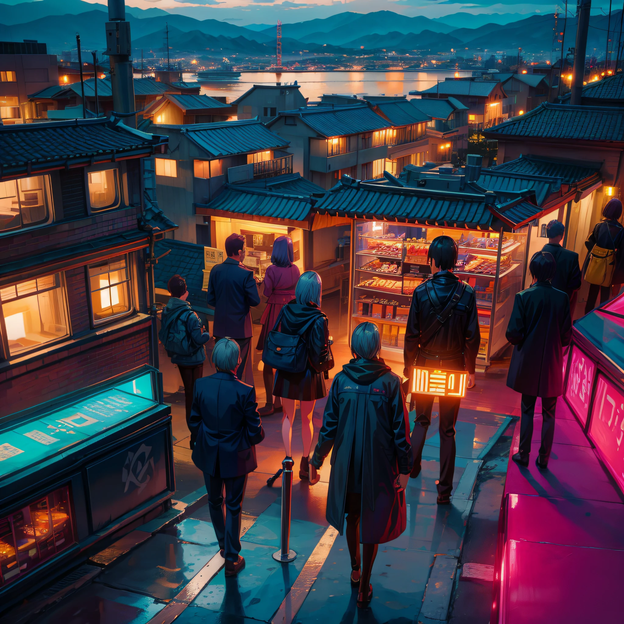 Crowds, city background, brightly lit, modern clothing, top view