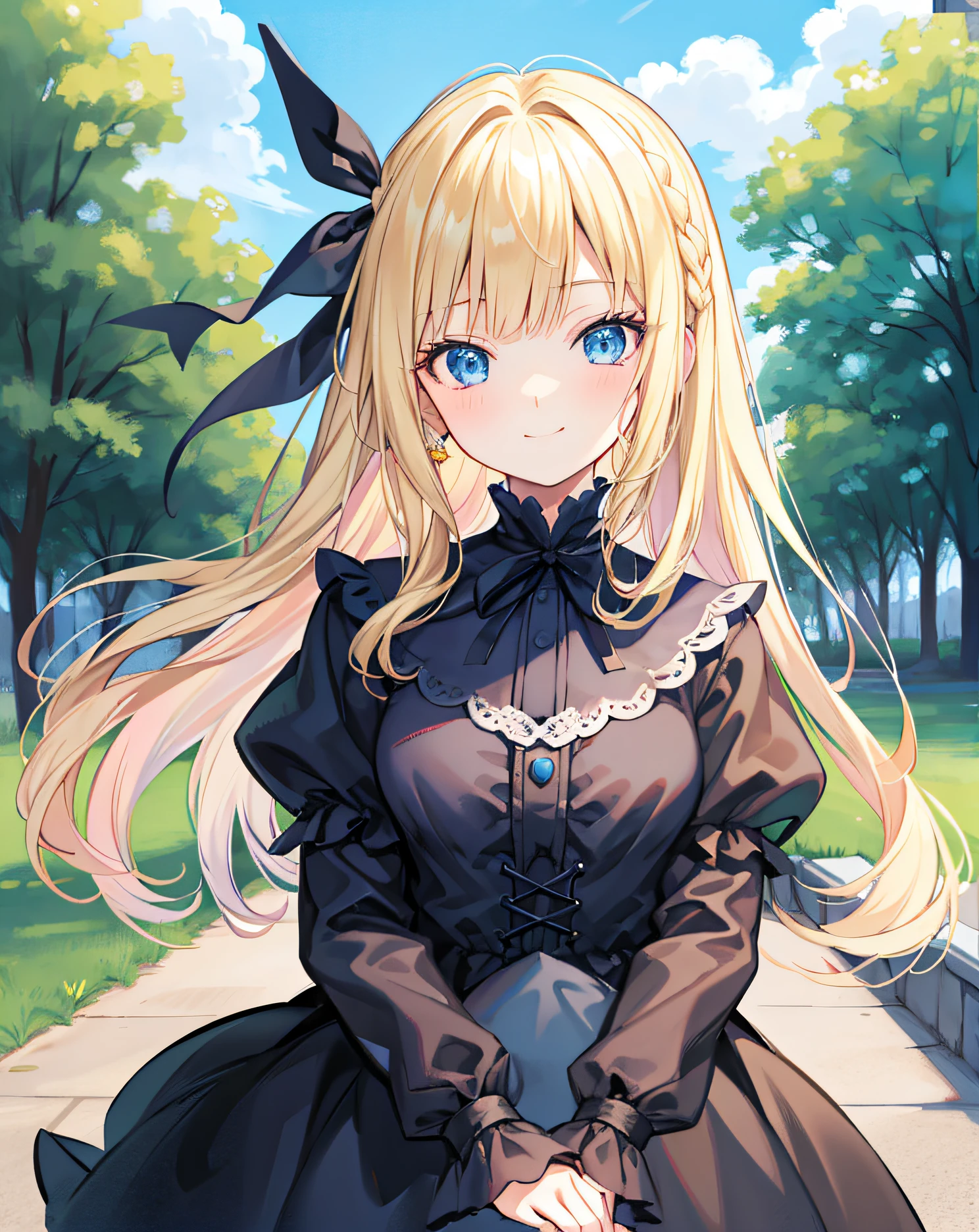 masterpiece, park, blue sky, blonde, long hair, blunt bangs bangs, long eyelashes, blue eyes, black gothic lolita, smile, ribbon in hair, gentle expression