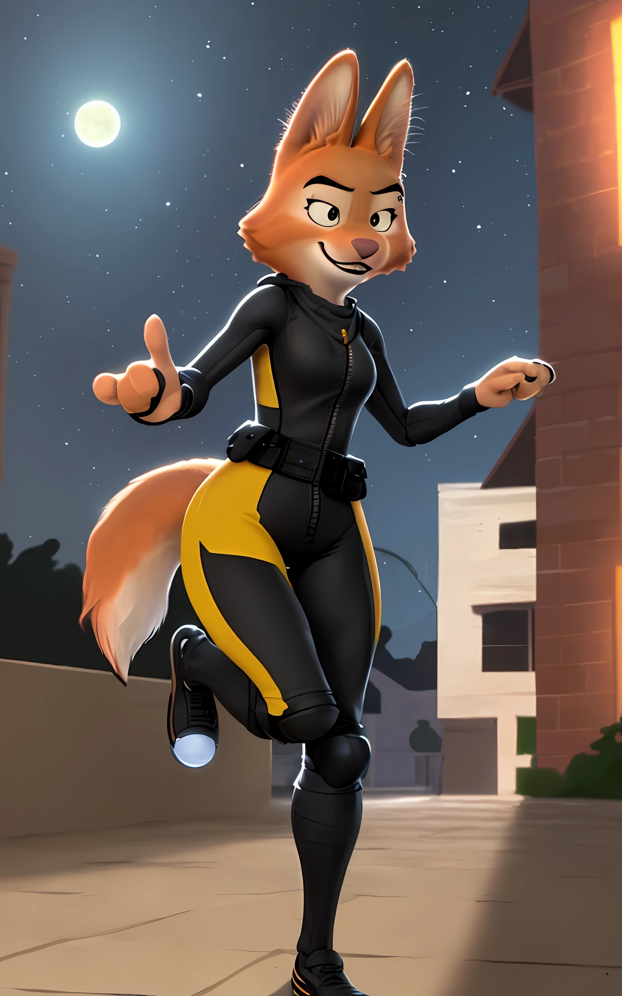 [The Crimson Paw from Dreamworks The Bad Guys], [Uploaded to e621.net; (Foxovh), (Pixelsketcher)], ((masterpiece)), ((solo portrait)), ((1girl)), ((upper body close-up)), ((furry; antrho fox girl)), ((detailed fur)), ((raytracing; reflective surfaces)), ((detailed shading)), ((beautiful render art)), ((cel shading)), ((nighttime lighting)), {anthro fox; (orange fur, pointed ears, fluffy fox tail), small round black-green eyes, angry), (black body suit; yellow lining, shiny texture, small boobs, curvaceous thin hips), (black mask on face; eyes visible), black hood over head, (eye piercing; LEFT eye}, ((running; sprinting at camera), attractive running pose), [background; (on top of building, brick buildings, starry night sky, full moon]
