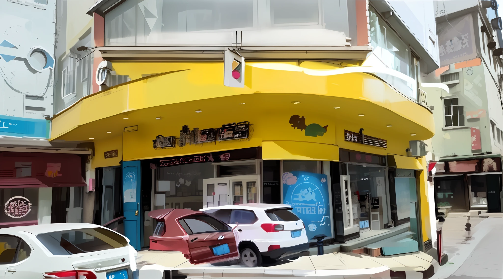 Cute, lively, parent-child, soft tone, cartoon image, full of music. Door design, mother and baby shop.