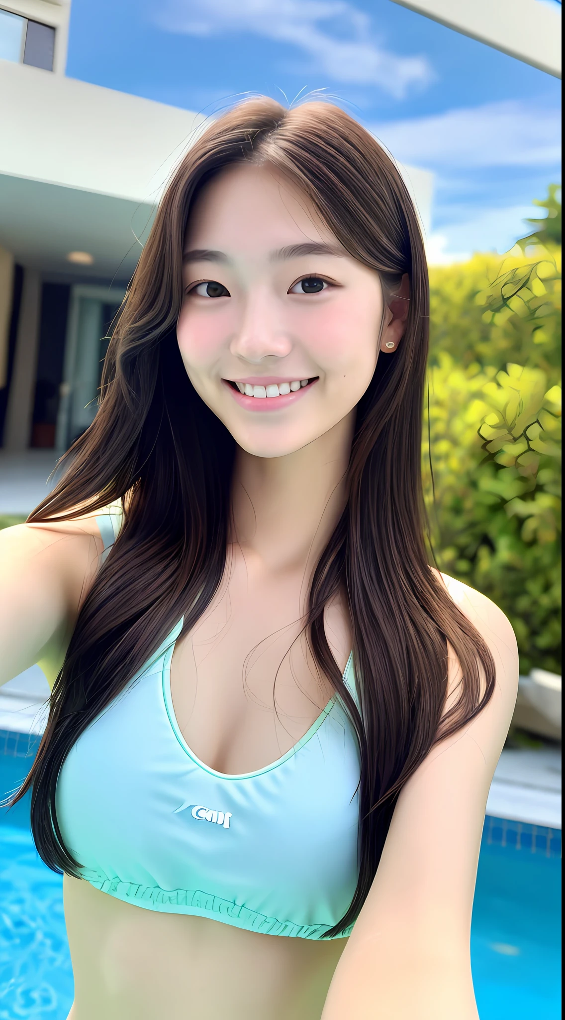 Realistic photos of (1 cute Korean star) shoulder length hair, light makeup, medium breast size, little smile, swimsuit, selfie, Canon EOS clear facial features, 8K high resolution, sharp and lifelike details in pool villa. School Swimwear