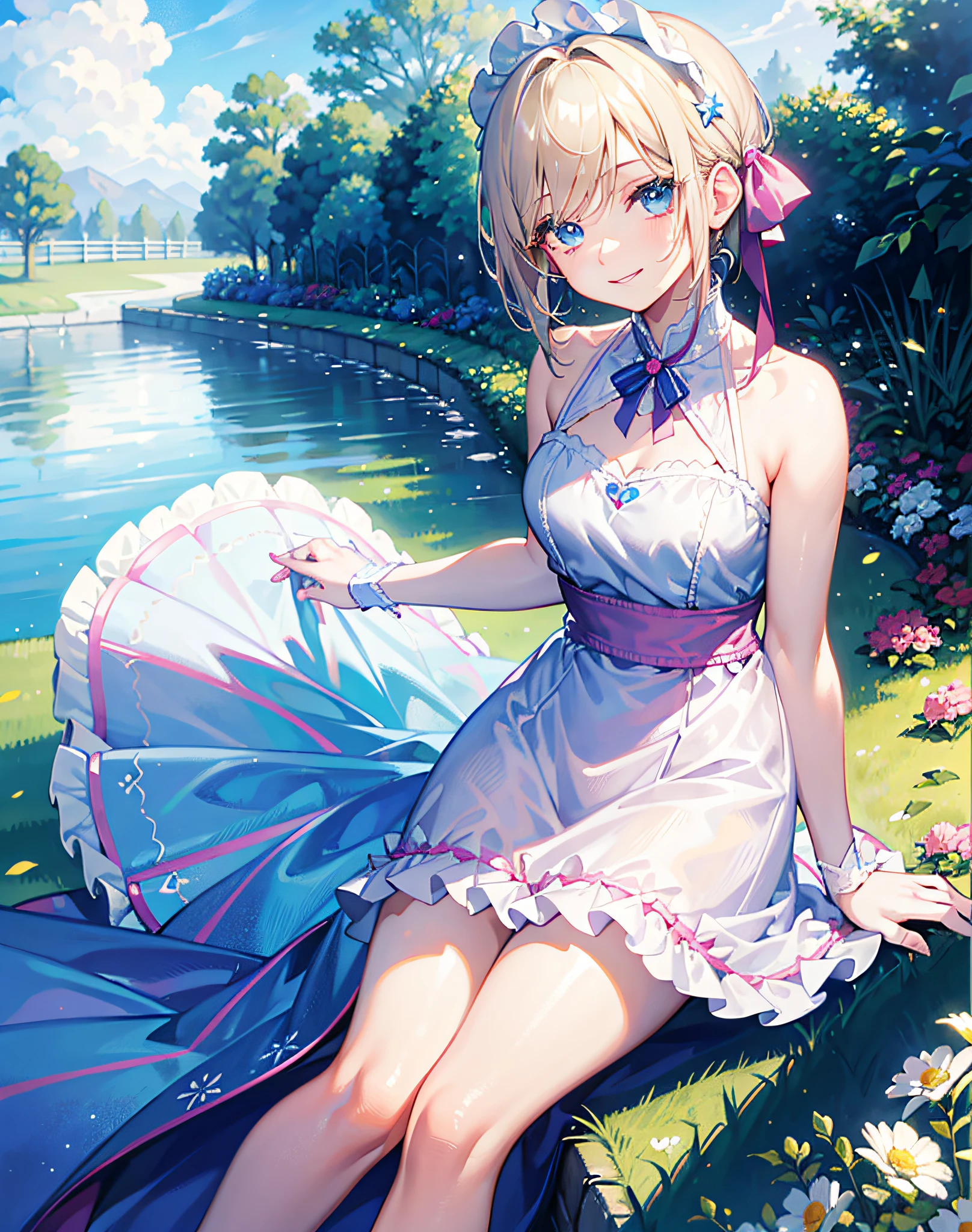 masterpiece, garden, blue sky, thin blonde, short hair, long eyelashes, blue eyes, pink maid outfit, smile, ribbon in hair, gentle expression