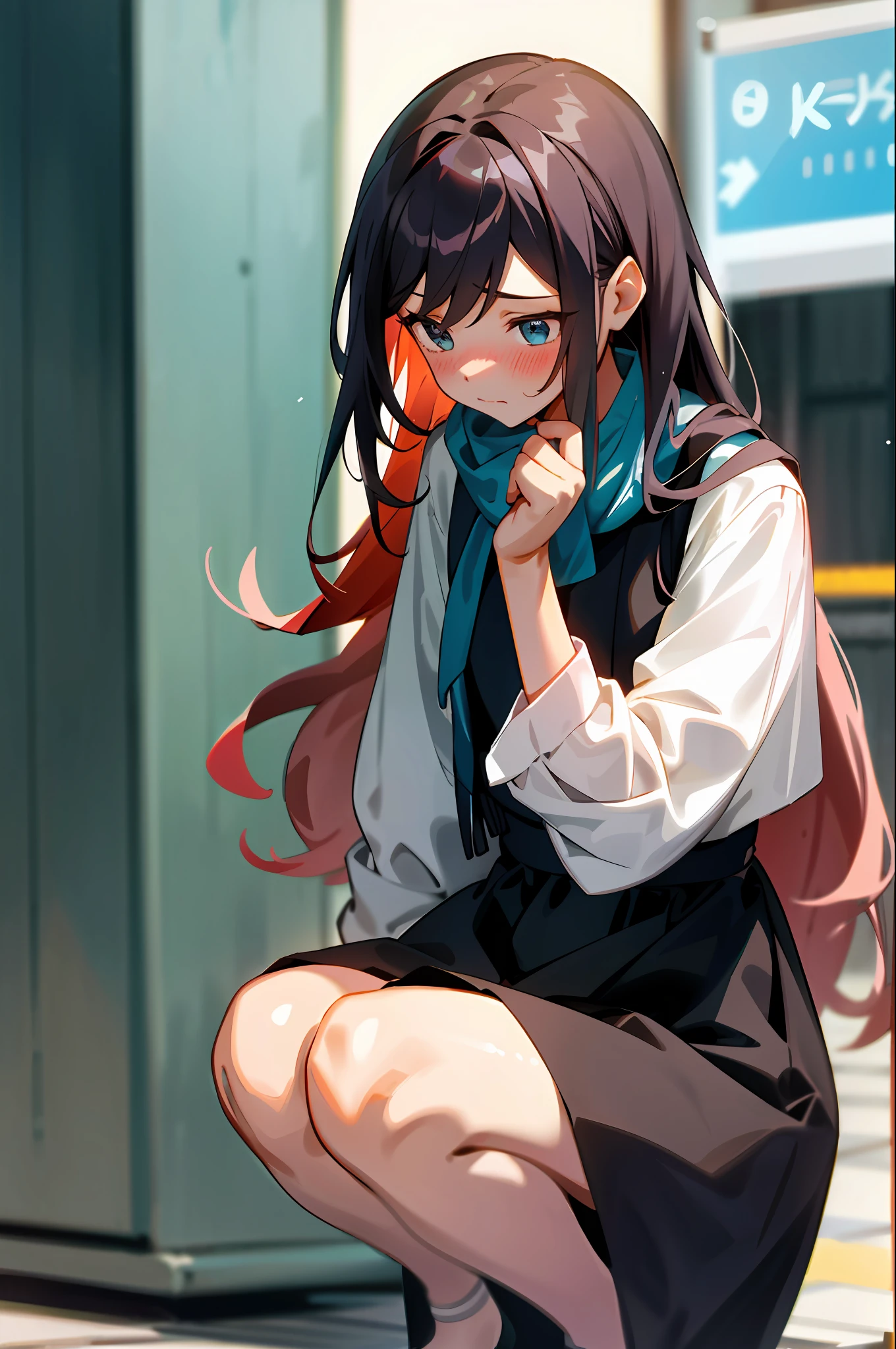 One girl with long hair and dress, one girl takes to the bathroom, looks away, squats, embarrassed, blushes, mouth closed, street (girl is peeing): 0.4) You can see the local part