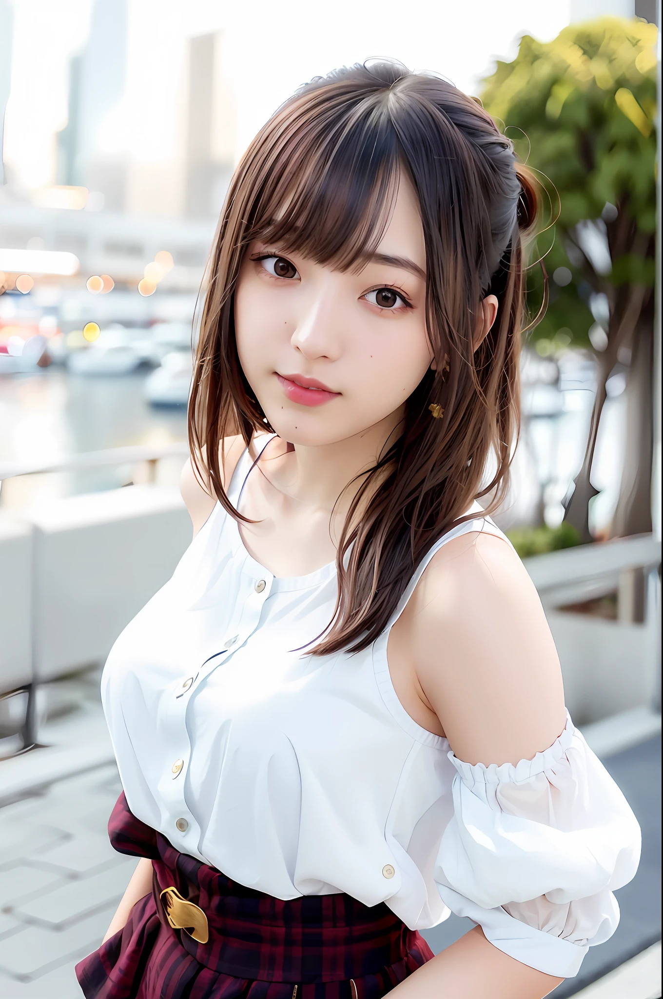 (skin blemish:1.2), (skindentation), black eye, 1woman, 25yo, (((woman))), solo, realistic, best quality, photorealistic, masterpiece, 8k, high res, solo, extremely detailed face, (professional lighting, bokeh), (light particles, lens flare, glowing particles:0.6), (dynamic pose:1.2), soft lighting, top angle view, fashionable and trendy atmosphere, japan, street, city, tokyo, harbour, ((daytime)), sky, ((looking at the viewer:1)), (looking at the camera),(portrait:0.6), cowboy shot, gorgeous, standing, keep original facial proportion, wide shoulder, full body, (medium breast), (short hair), brown hair, floating hair, lips, lipstick, seductive smile, floating hair, smile, open_mouth, teeth, (sleeves less white blouse), (jumper skirt), eyelashes, mole, (mole under eye:1),