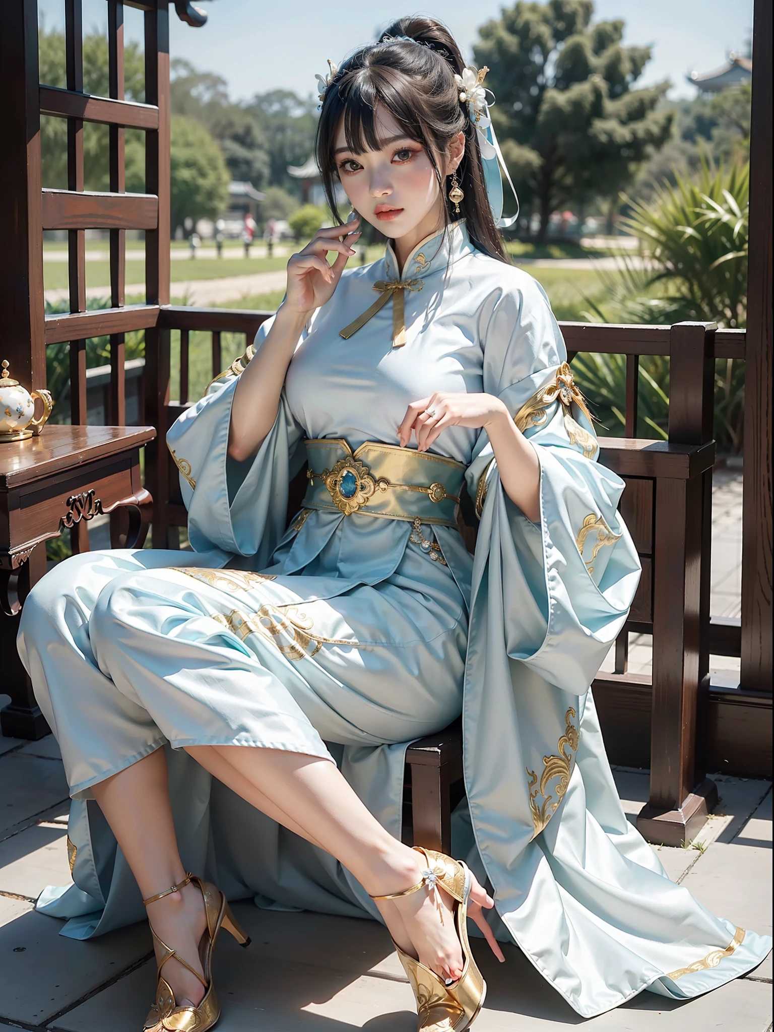 Woman posing for photo in white and gold costume, elegant and charming cosplay, palace, girl in Hanfu, gorgeous Chinese model, Chinese goddess, gorgeous cosplay, full body fairy, Chinese costume, beautiful goddess, elegant pose, cosplay, popular in cgstation, anime girl cosplay, (Qi bangs), (ring finger diamond ring), masterpiece, realism