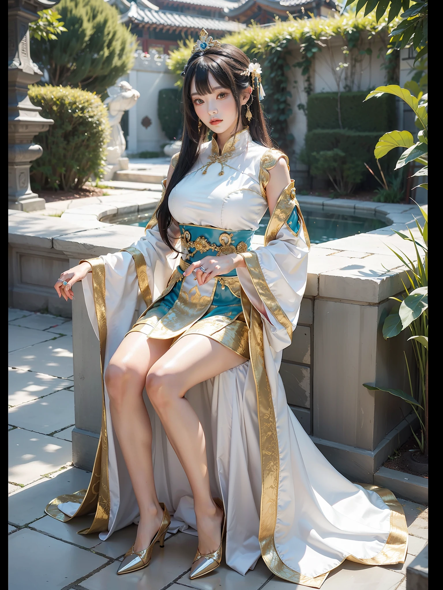 Woman posing for photo in white and gold costume, elegant and charming cosplay, palace, girl in Hanfu, gorgeous Chinese model, Chinese goddess, gorgeous cosplay, full body fairy, Chinese costume, beautiful goddess, elegant pose, cosplay, popular in cgstation, anime girl cosplay, (Qi bangs), (ring finger diamond ring), masterpiece, realism