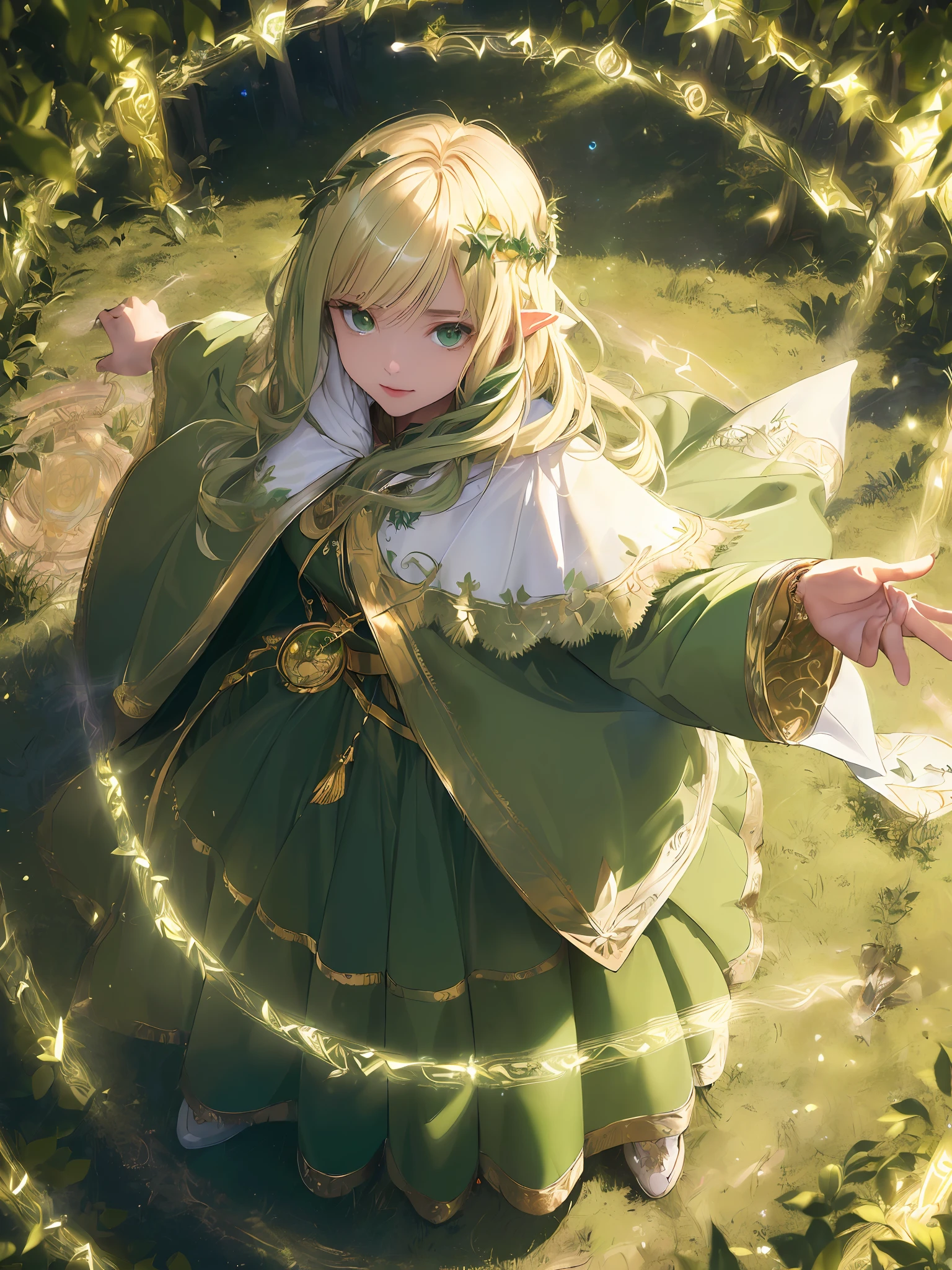 (((Masterpiece, highest quality, high definition, high detail)))), ((((Fantasy)))), 1 person, (((from above)))))), ((focus on eyes))))), (Elf woman)))), (blonde blonde long straight hair), ((((fine dark green eyes))))), (green surcoat with gold embroidery))), (((green long cloak with gold embroidery)) , Big, (Strong Wind), (Cast spells)), (A lot of glowing particles are flying), ((((Light streams gather in the hands))), ((Magic circles of light densely drawn in layers with light patterns and letters on the ground))), Forest, Vortex of Light spreading around elven women