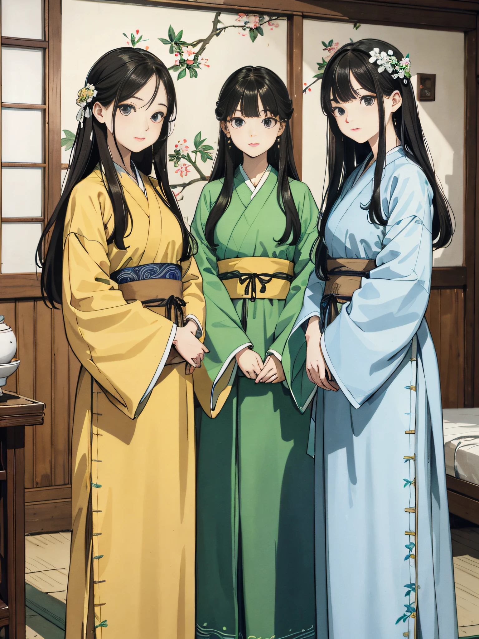 Absurd, high definition, super detailed, texture details, clear presentation, HD details, detail performance, fine details, clear face, precise restoration, clear eyeballs, (3 fat girls: 1.3), hand-drawn, simple lines, three 20-year-old girls in simple Hanfu, standing in a wooden room, indoors, masterpiece, looking at the camera