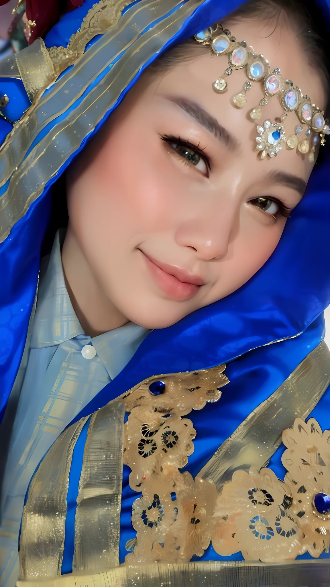 a close up of a woman wearing a blue and gold costume, traditional clothes, traditional makeup, profile picture 1024px, traditional dress, wearing traditional garb, wearing authentic attire, traditional beauty, close up potrait, traditional costume, with blue skin, profile picture, profile image, traditional art, inspired by Tang Di, asian face