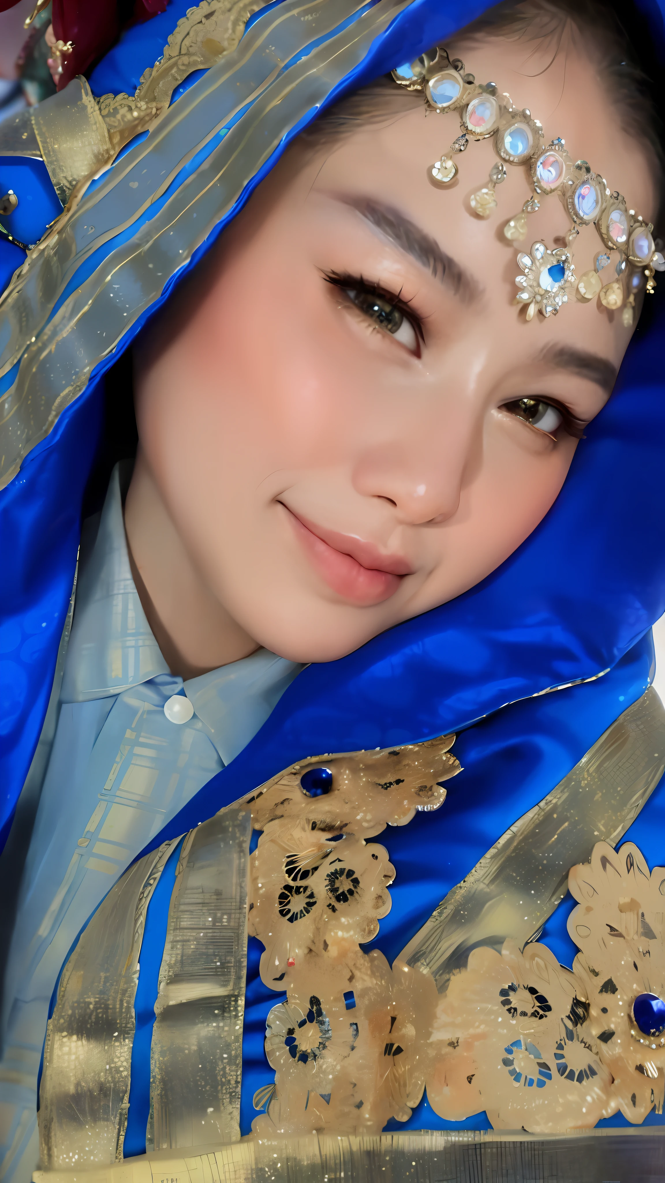a close up of a woman wearing a blue and gold costume, traditional clothes, traditional makeup, profile picture 1024px, traditional dress, wearing traditional garb, wearing authentic attire, traditional beauty, close up potrait, traditional costume, with blue skin, profile picture, profile image, traditional art, inspired by Tang Di, asian face